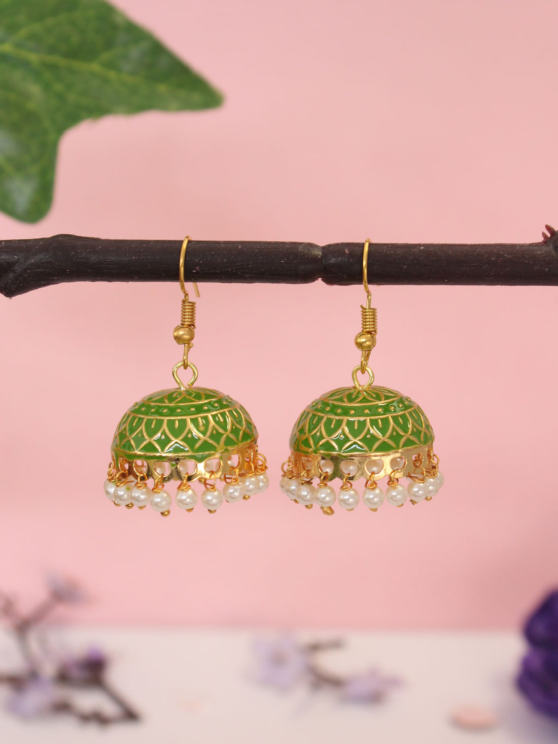 Light Green Color Meenakari Jhumka Earrings