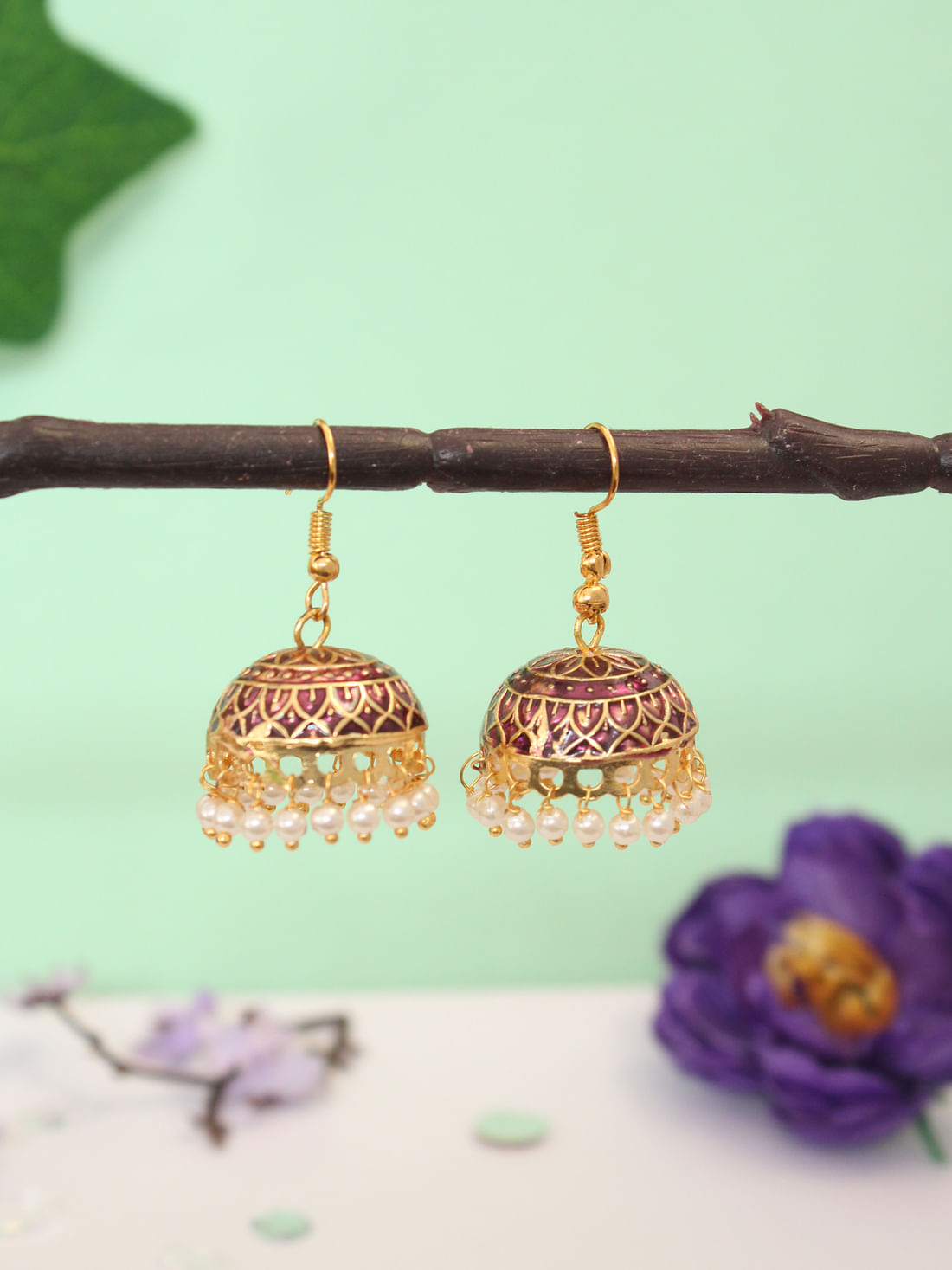 Maroon Color Meenakari Jhumka Earrings
