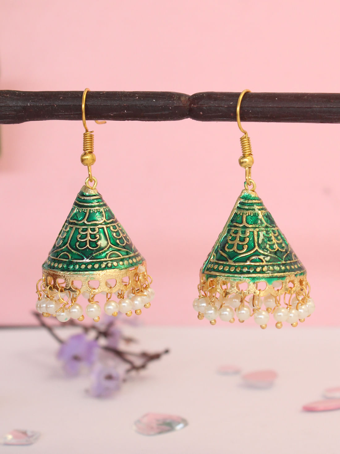 Green Color Meenakari Jhumka  Earrings