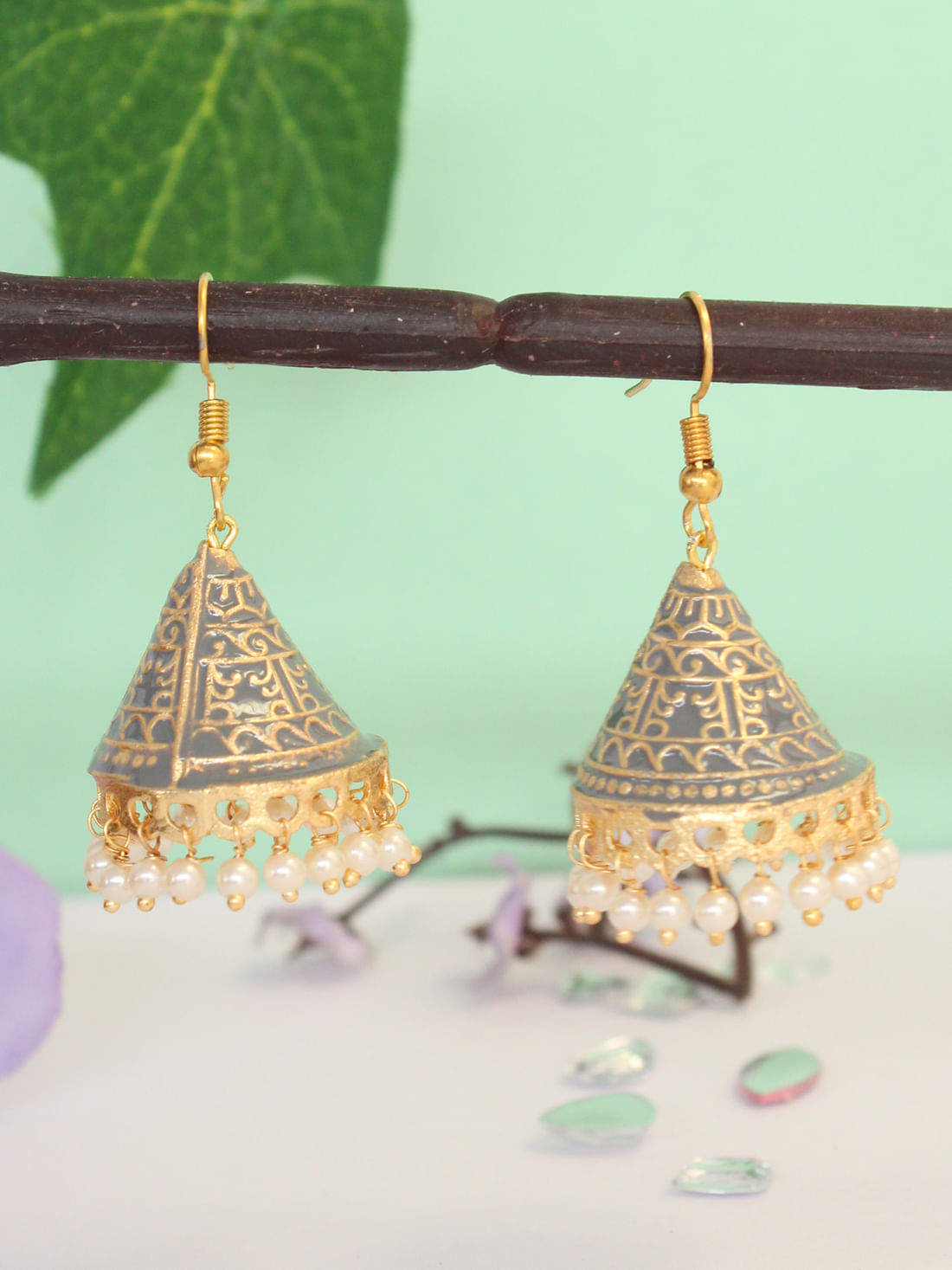 Grey Color Meenakari Jhumka Earrings