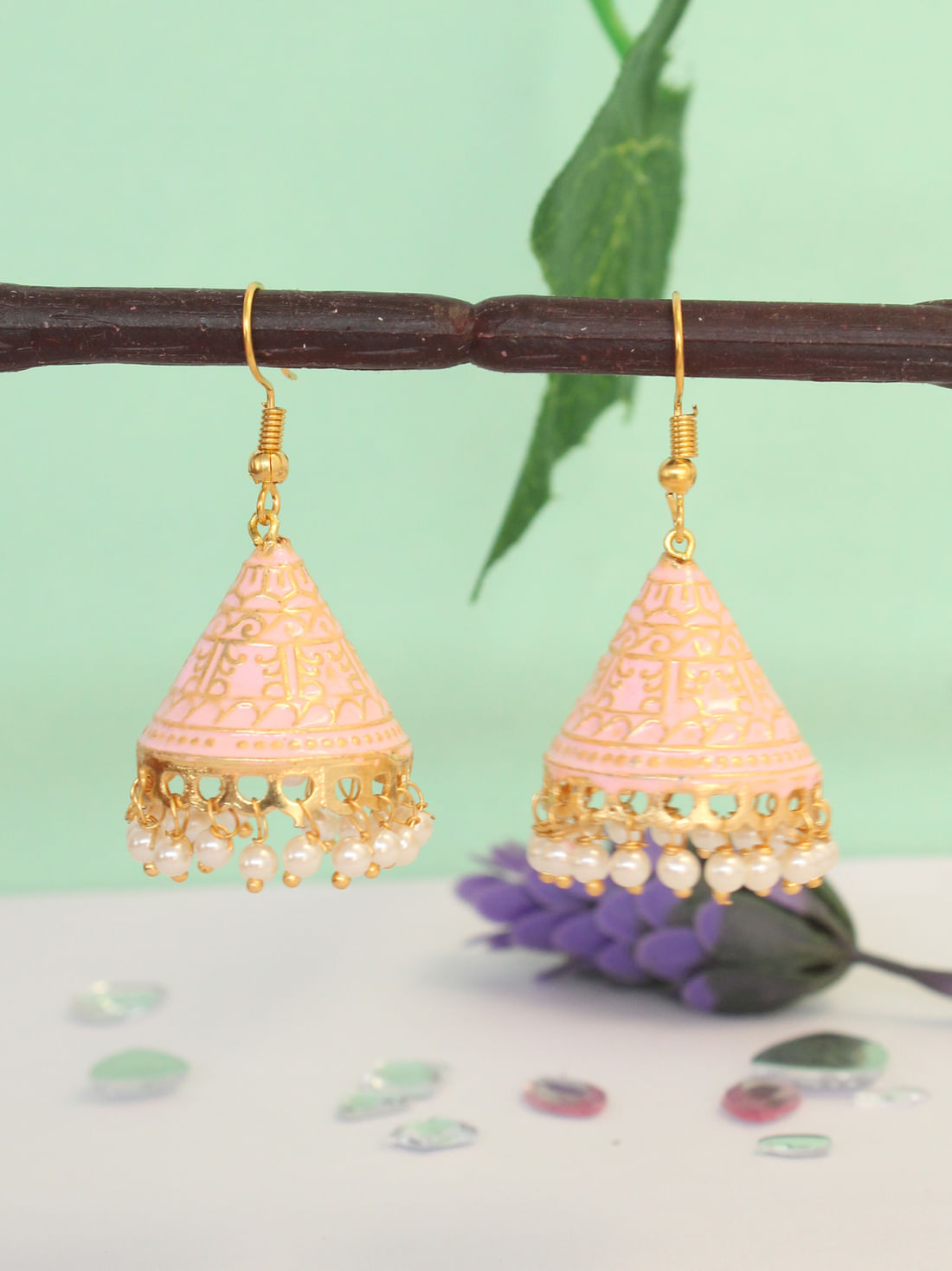Pink Color Meenakari Jhumka Earrings
