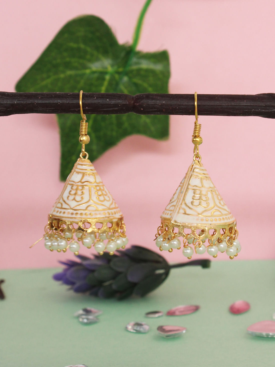 White Color Meenakari Earrings