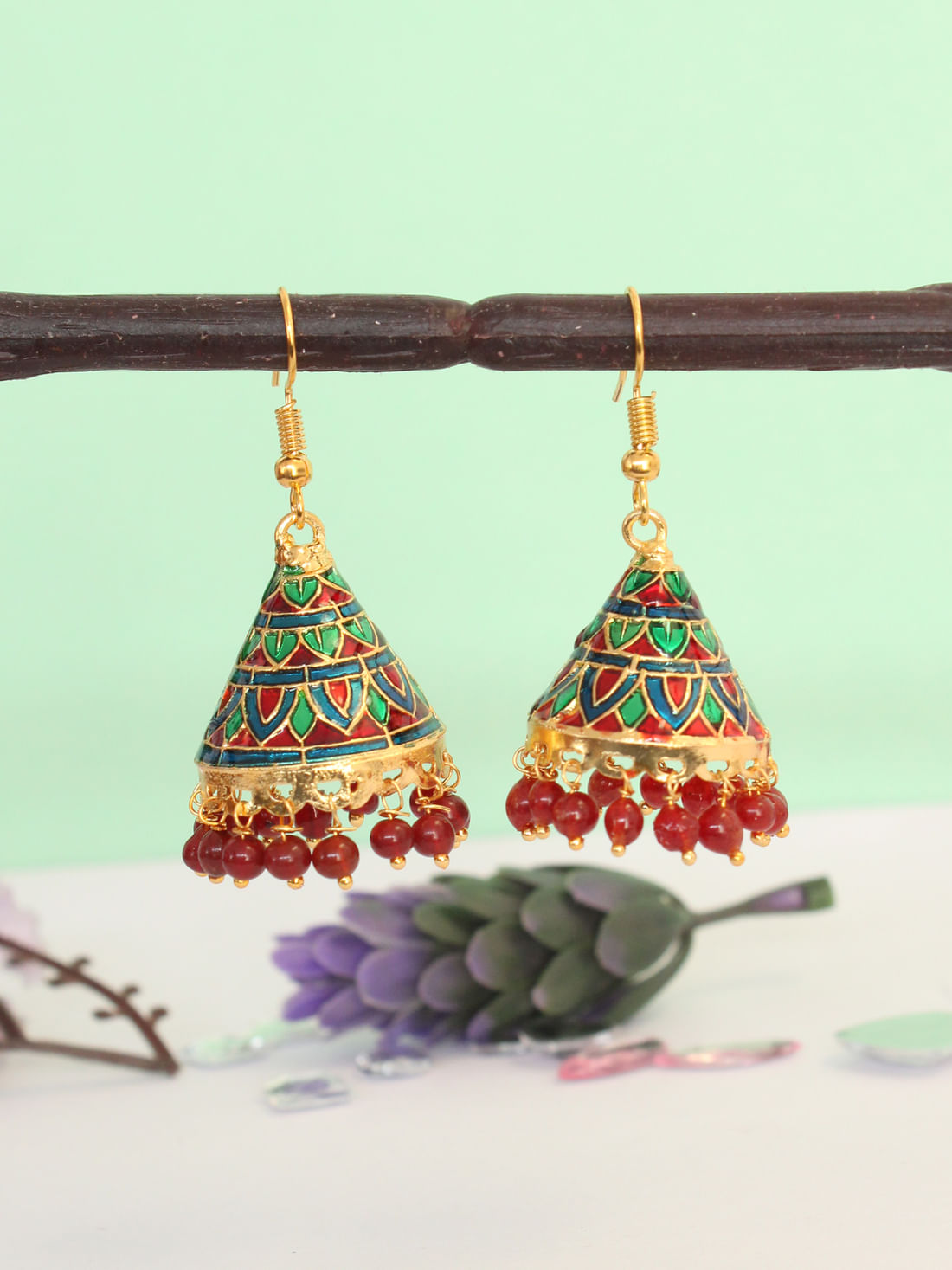 Red Green Meenakari Jhumka Earrings