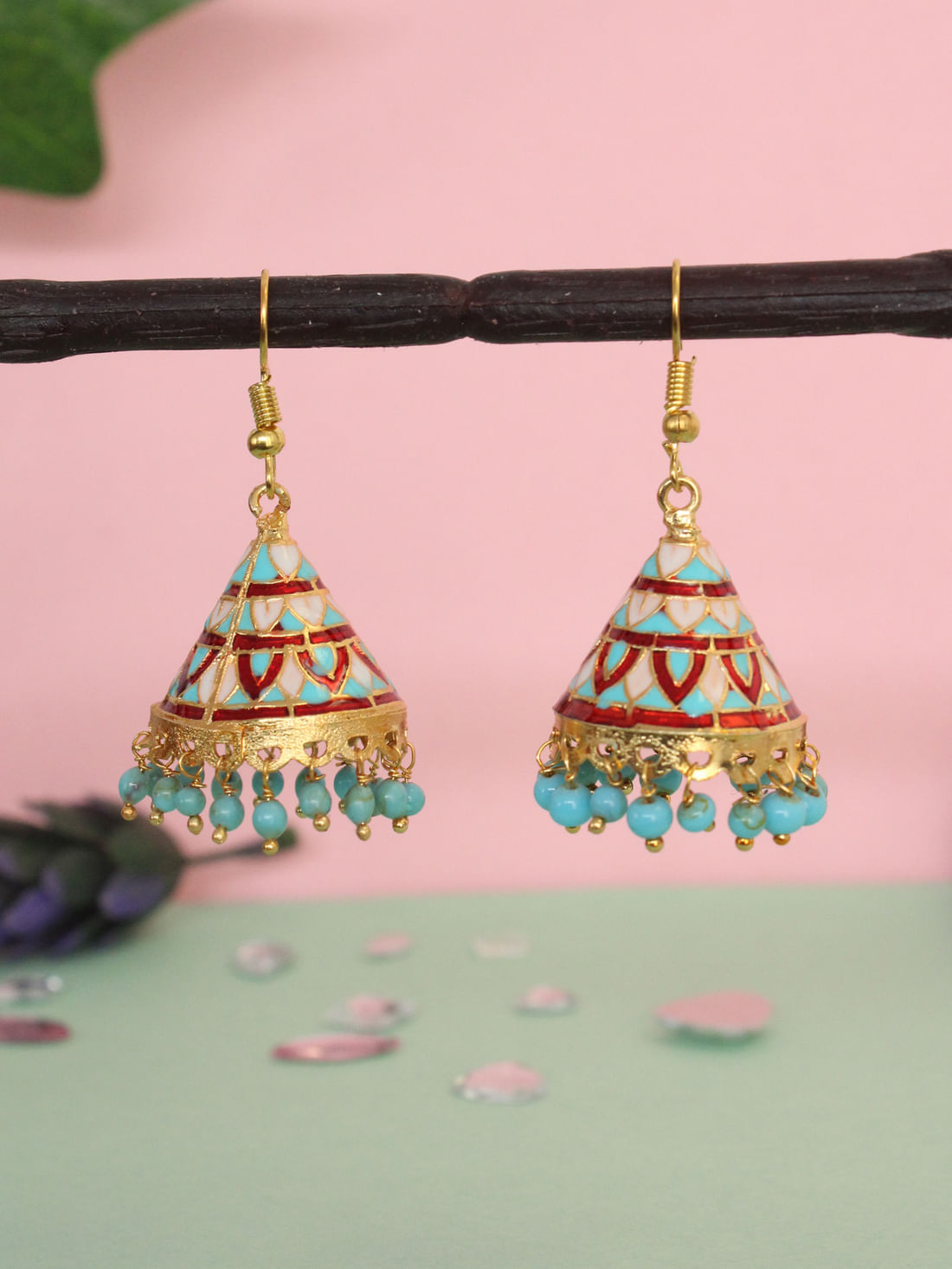 White Blue Color Meenakari Jhumka  Earrings
