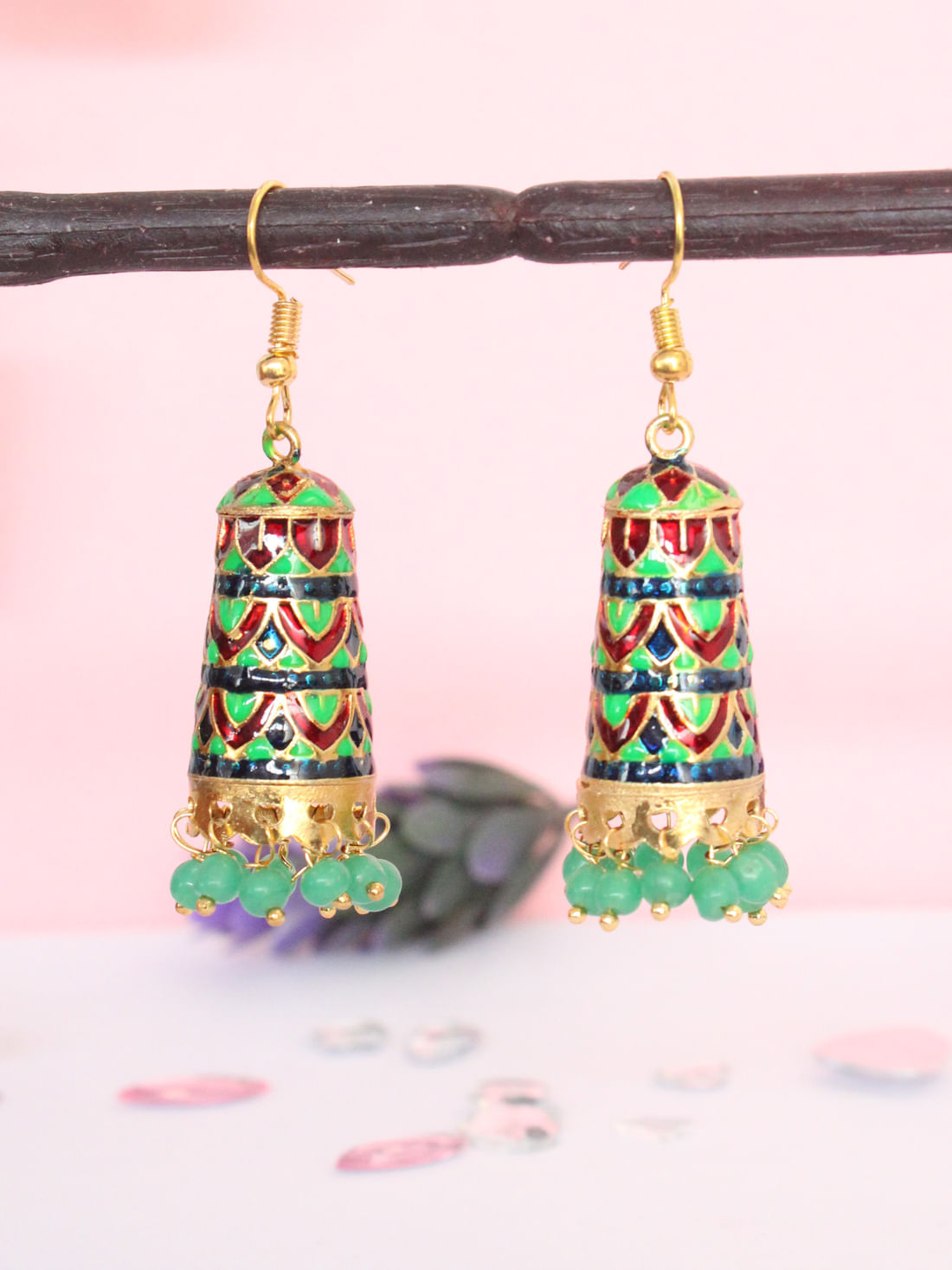 Green Red  Color Meenakari Jhumki Earrings