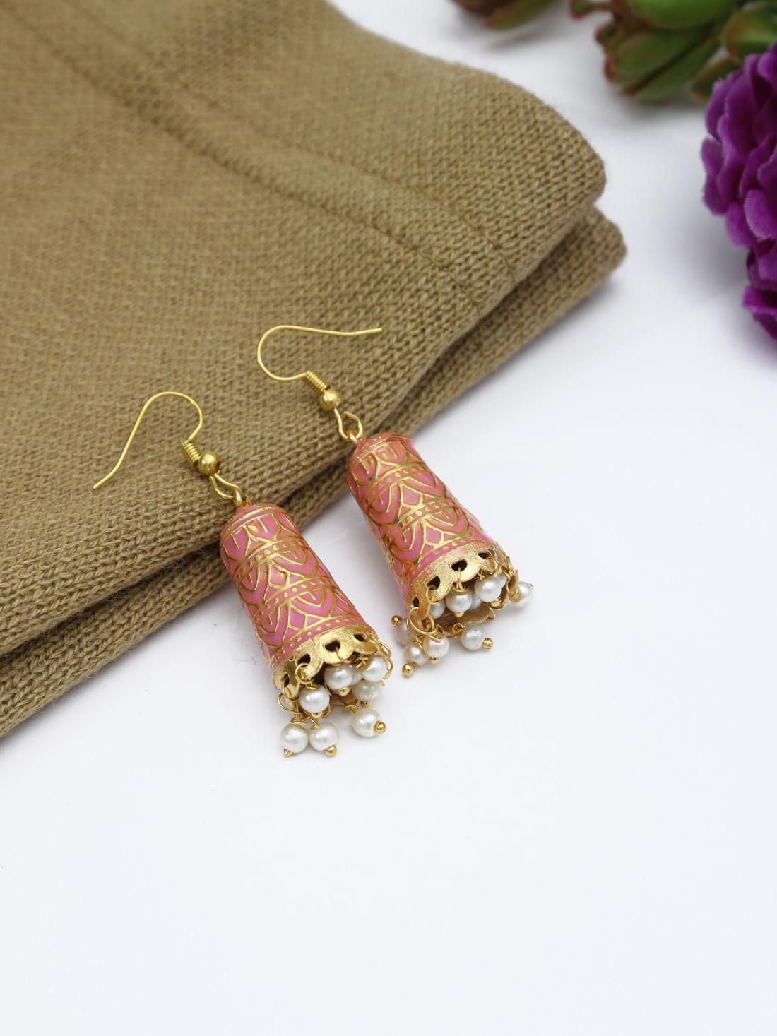 Light Pink Color Meenakari Jhumki Earrings