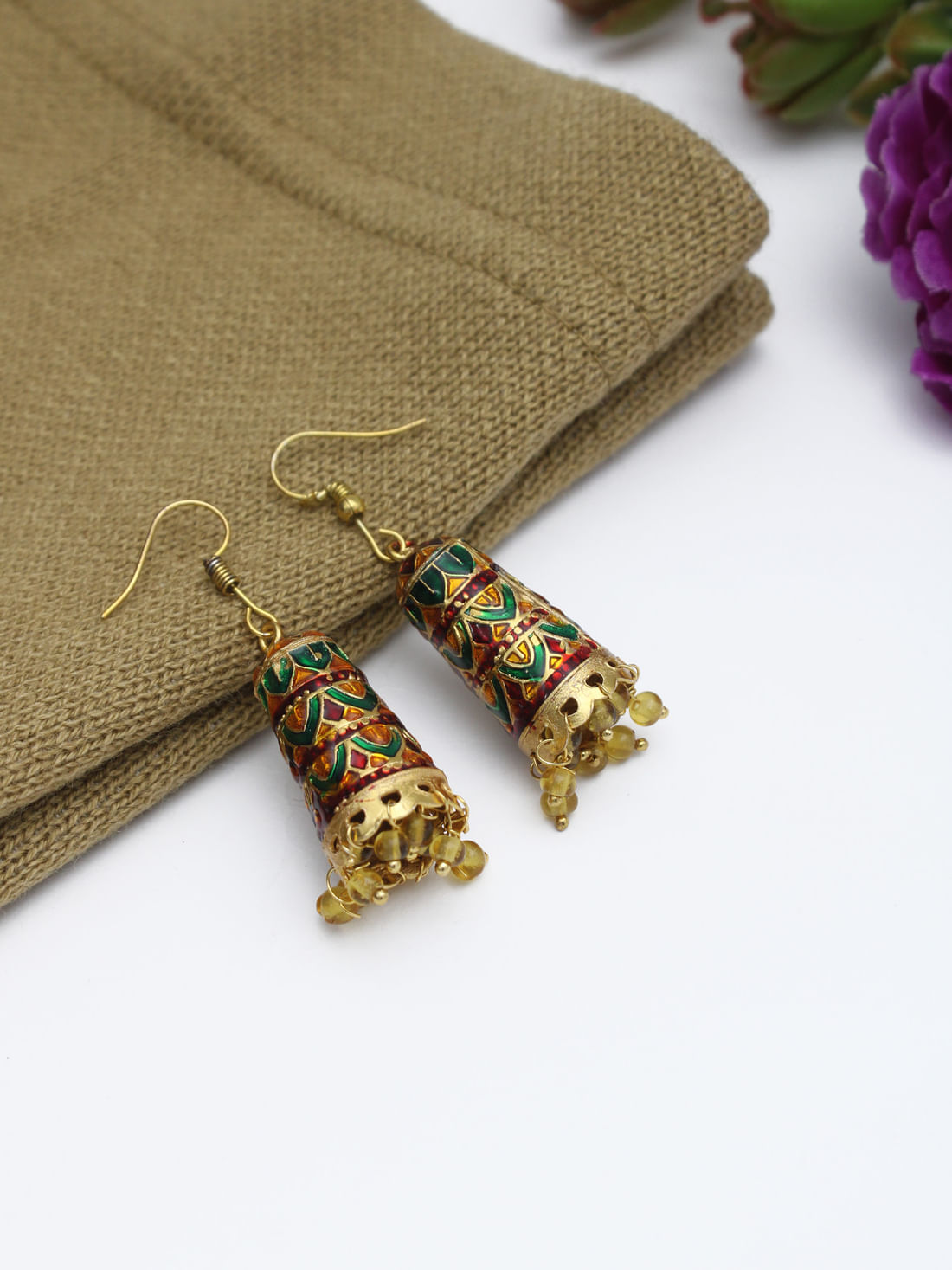 Golden Color Meenakari Jhumki Earrings