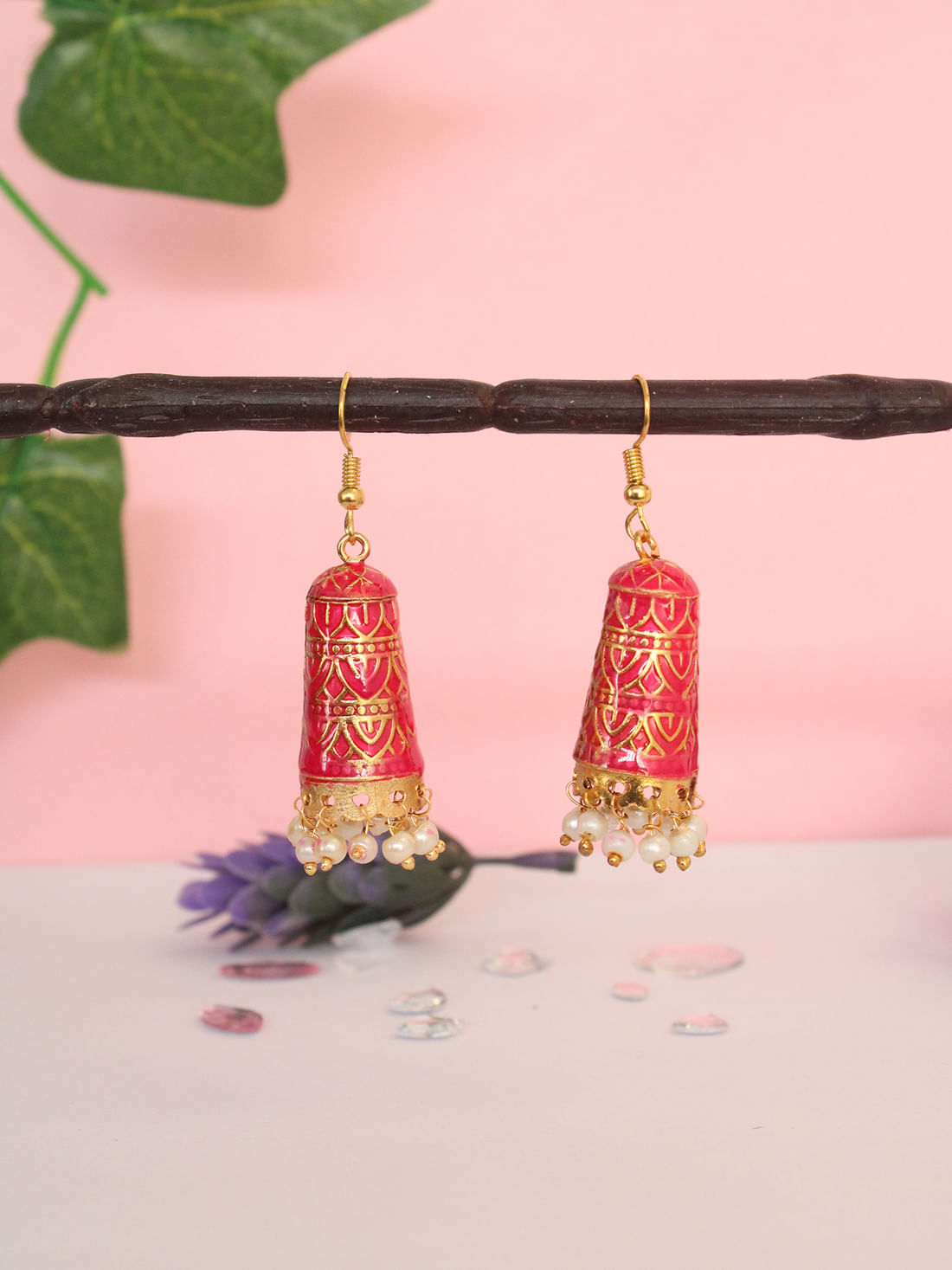 Pink Color Meenakari Jhumki Earrings