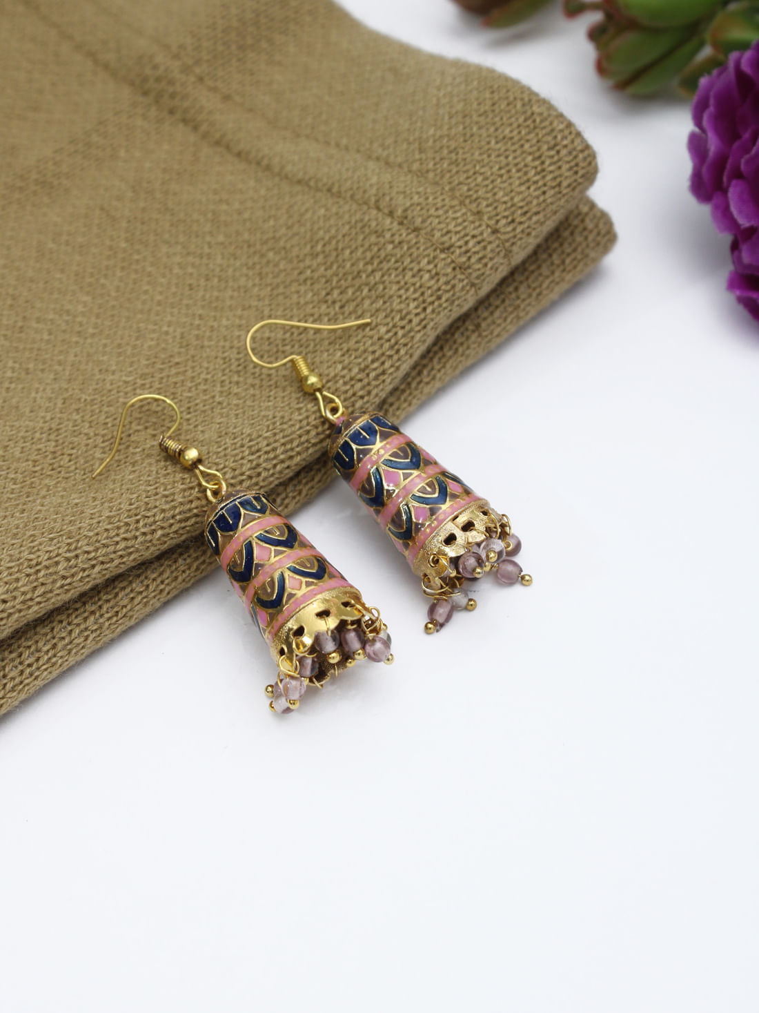 Pink Blue Color Meenakari Jhumki Earrings