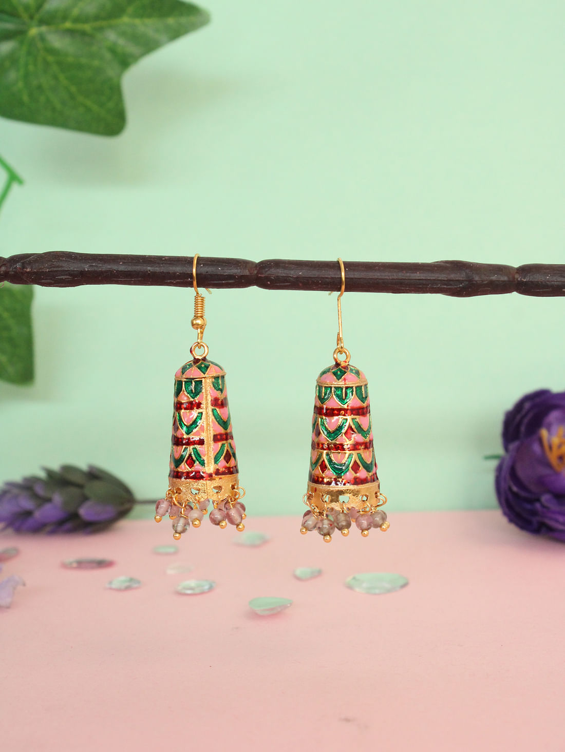 Peach Color Meenakari Jhumka Earrings