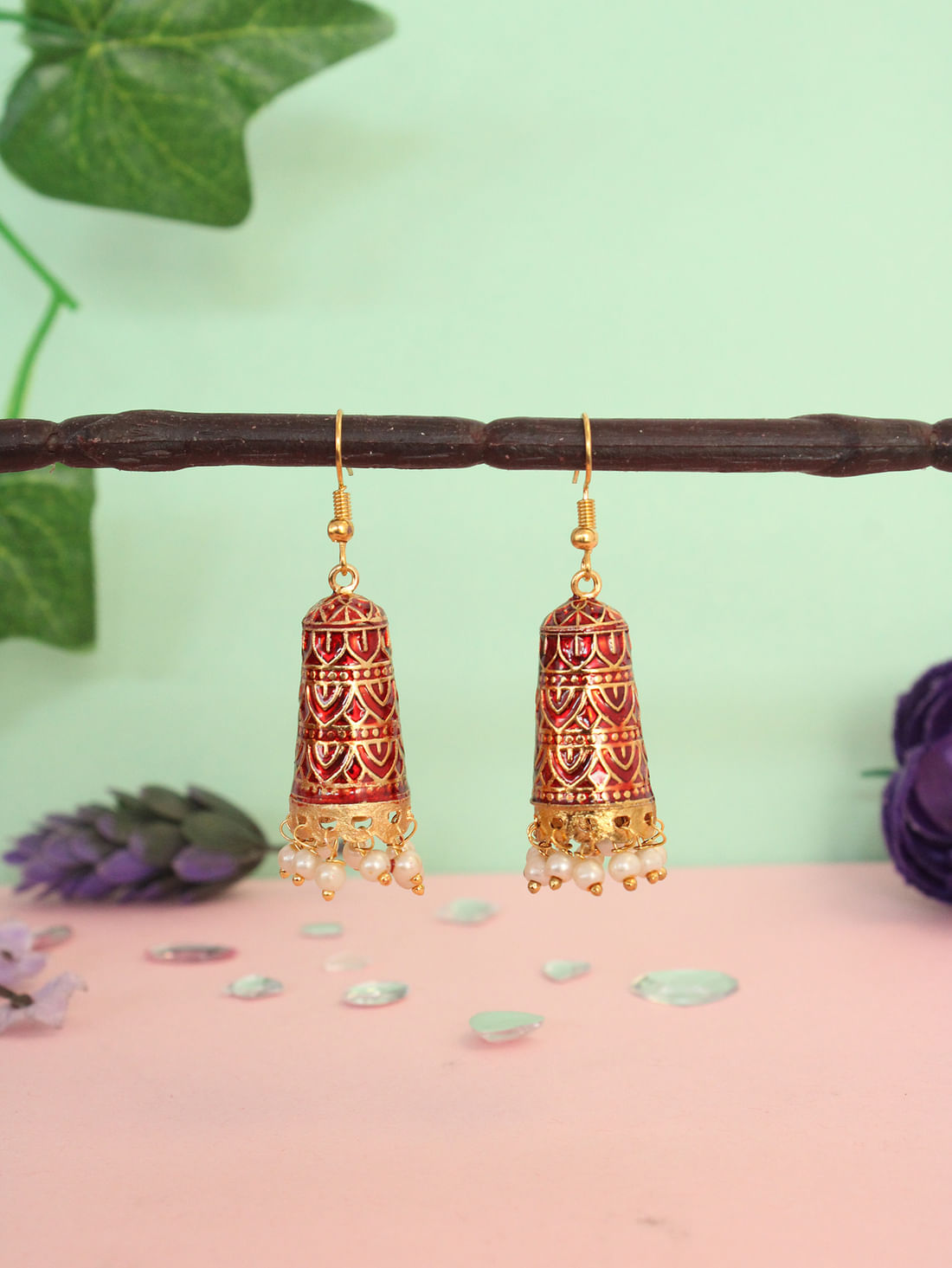 Red  Color Meenakari Jhumki Earrings