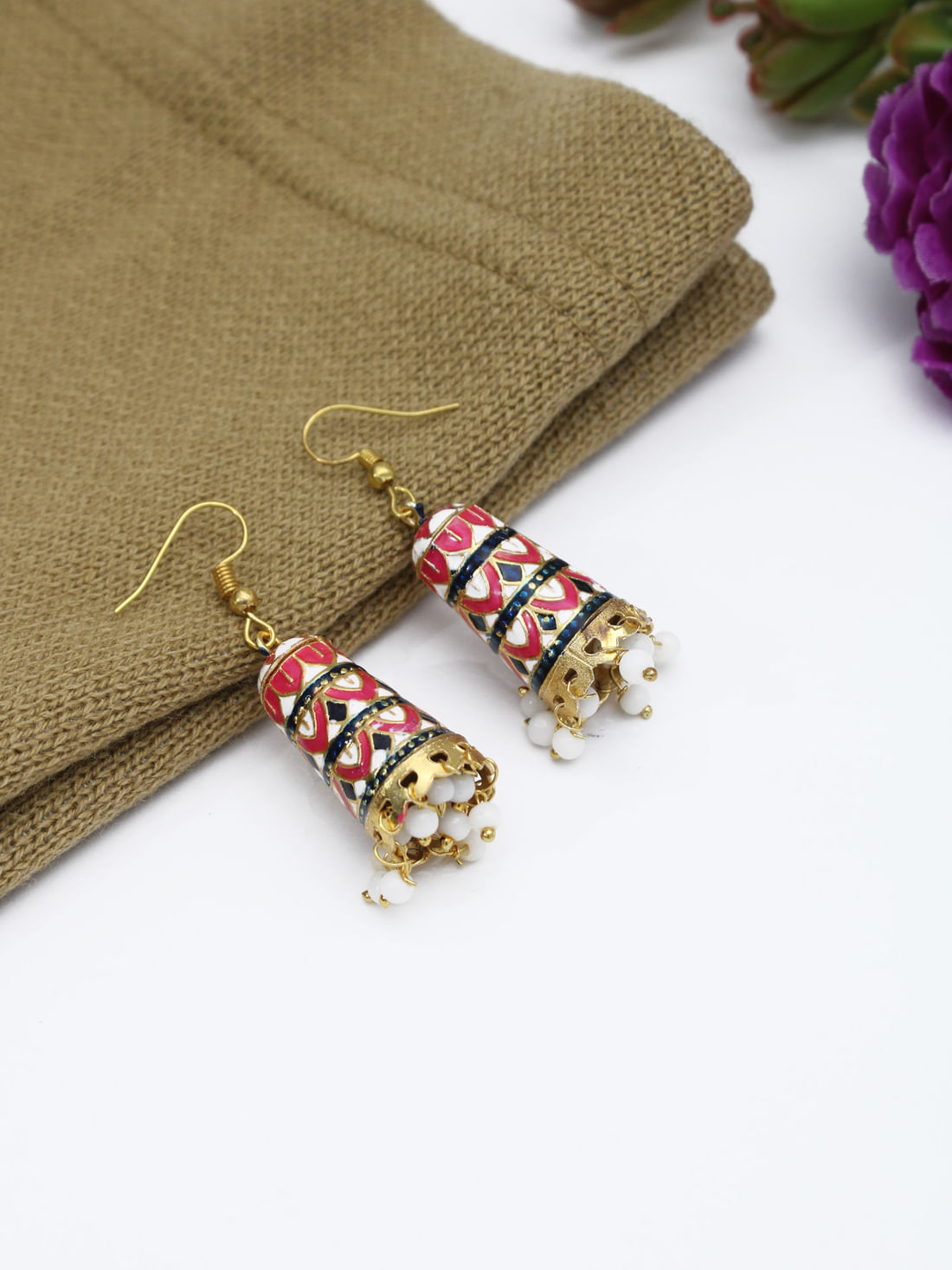 White Pink Color Meenakari Jhumki Earrings