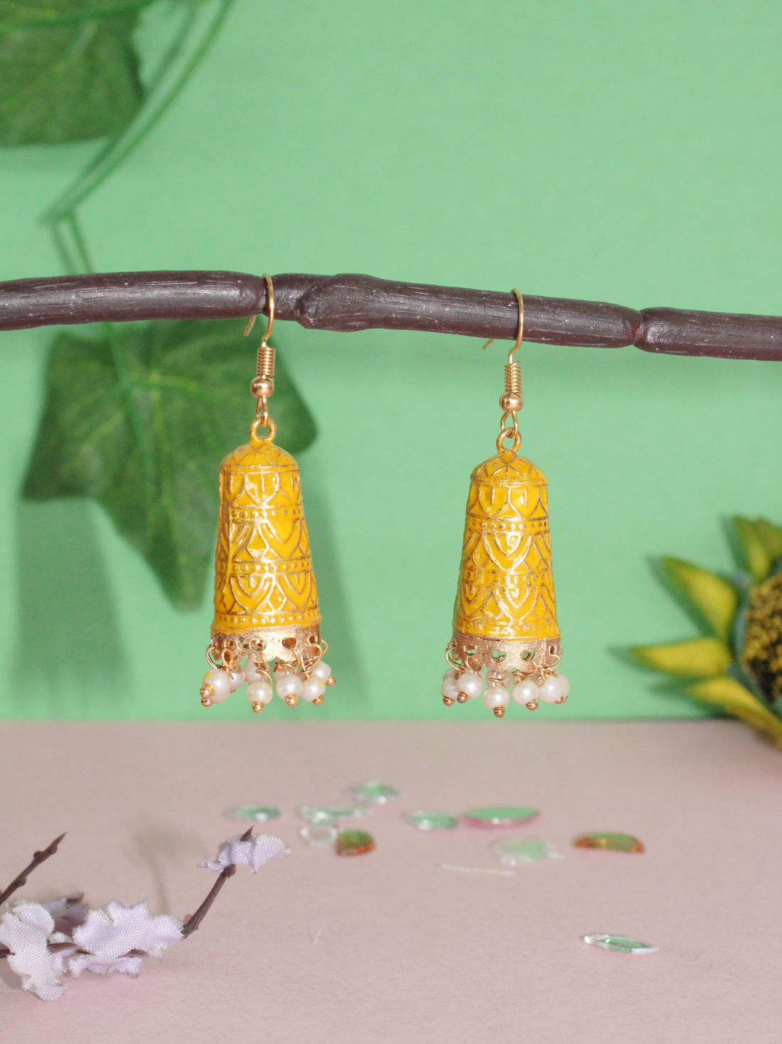 Yellow Color Meenakari Jhumki Earrings