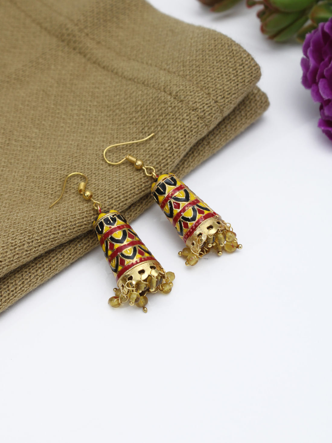 Yellow  Color Meenakari Jhumki Earrings