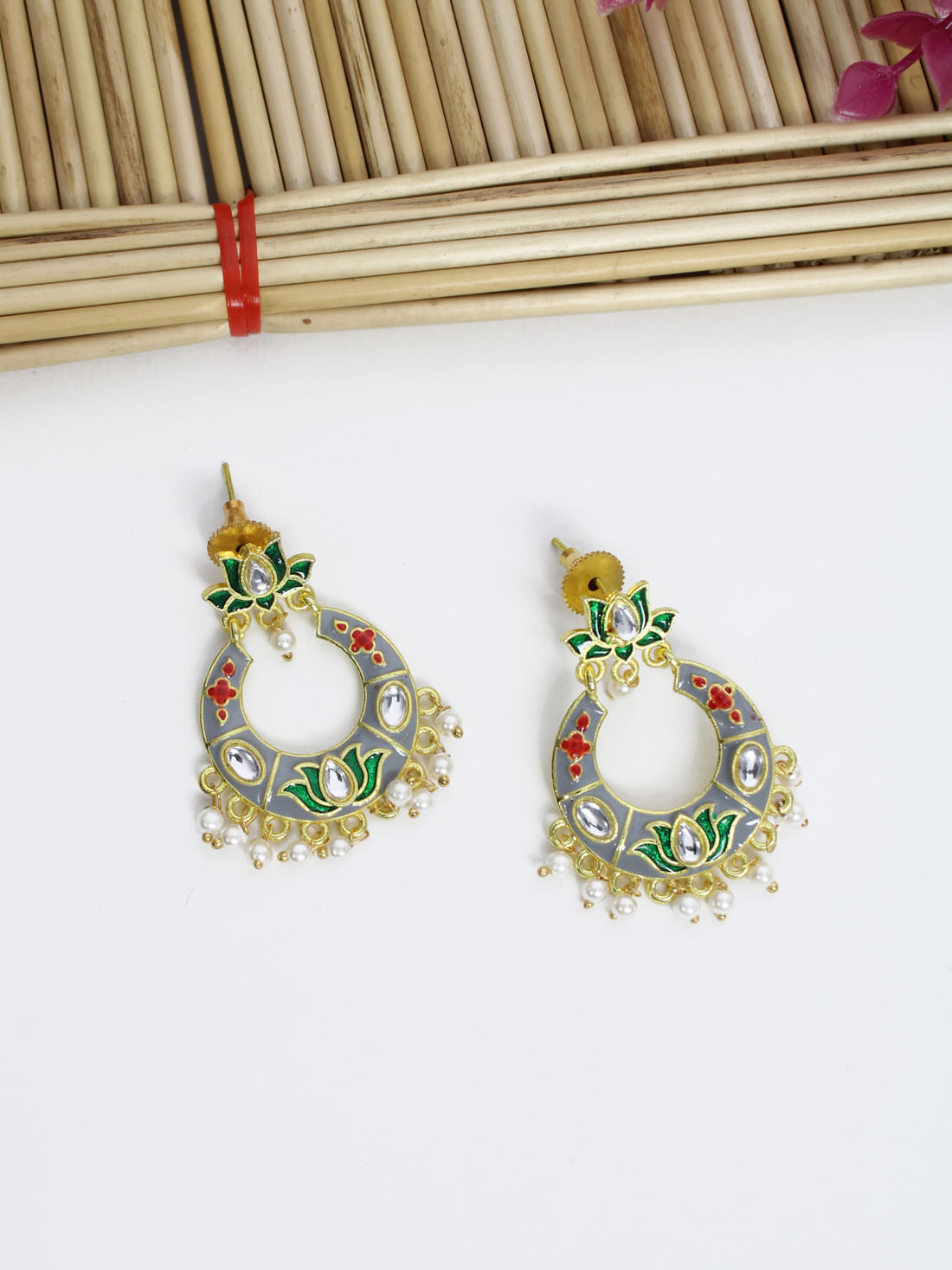 Grey Color Meenakari Earrings