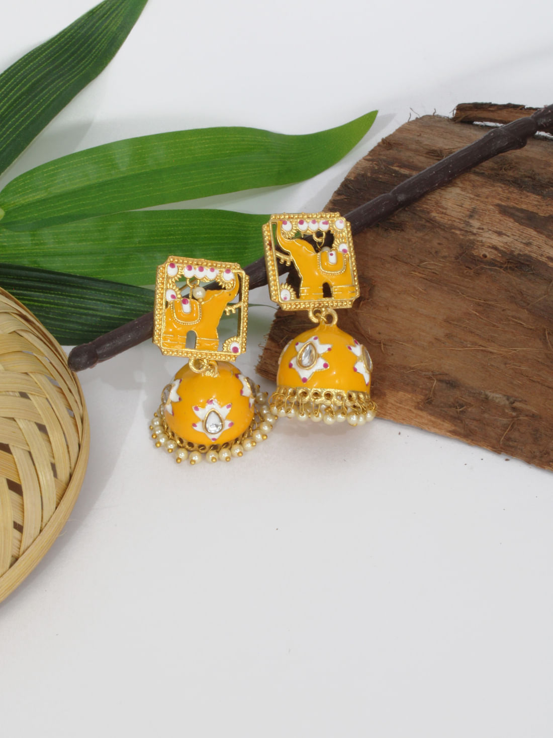 Yellow Color Meenakari Jhumka Earrings