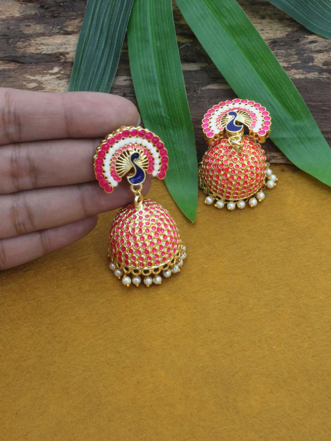 Pink Color Meenakari Jhumka Earrings
