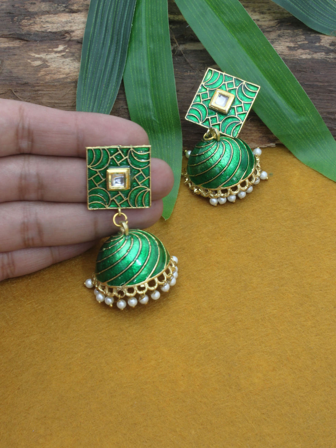 Green Color Meenakari Jhumka Earrings