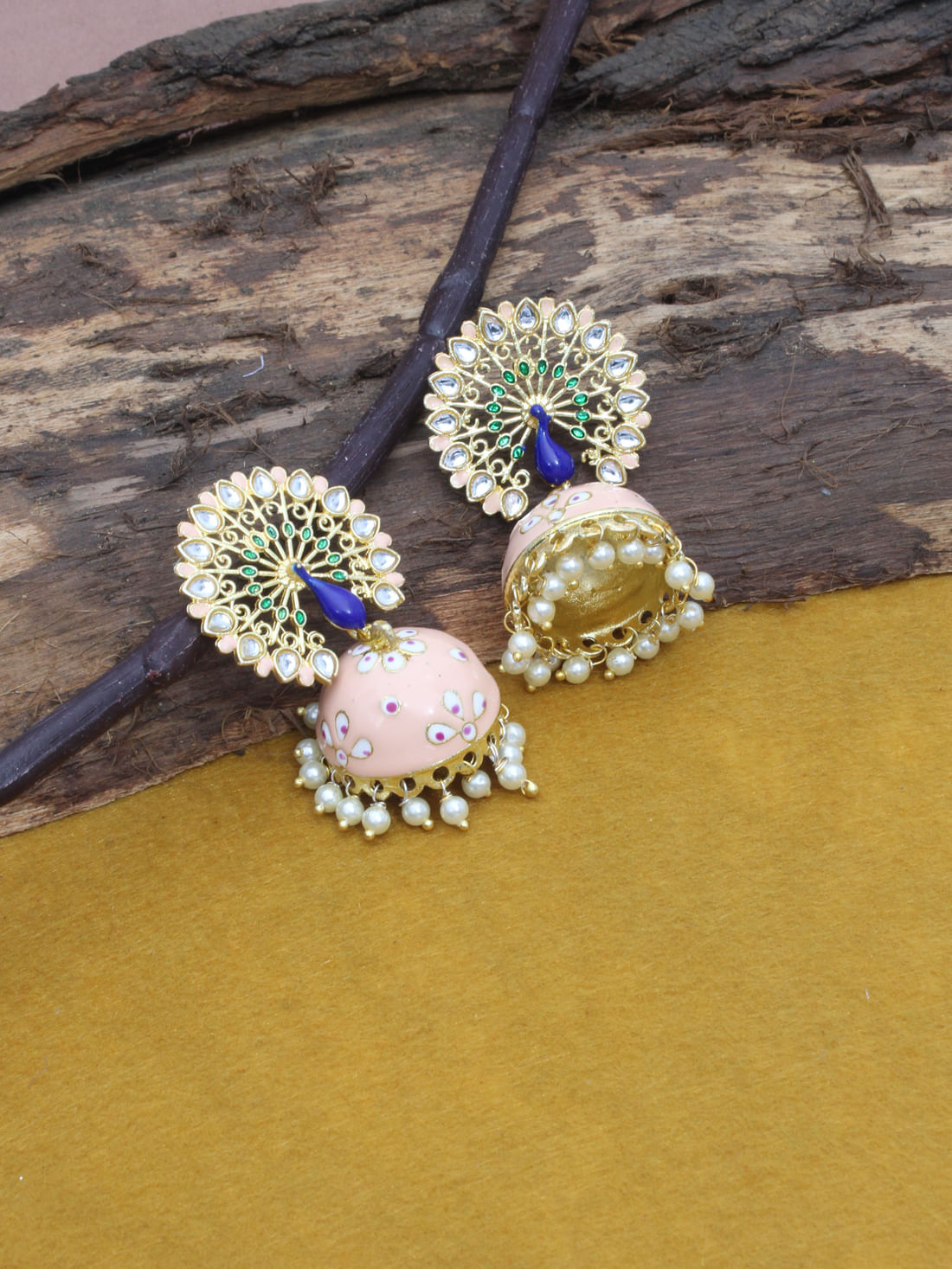 Peach Color Meenakari Jhumka Earrings