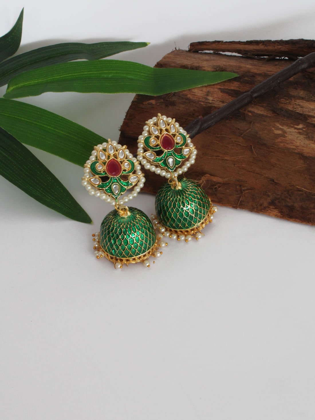 Green Color Meenakari Jhumka Earrings