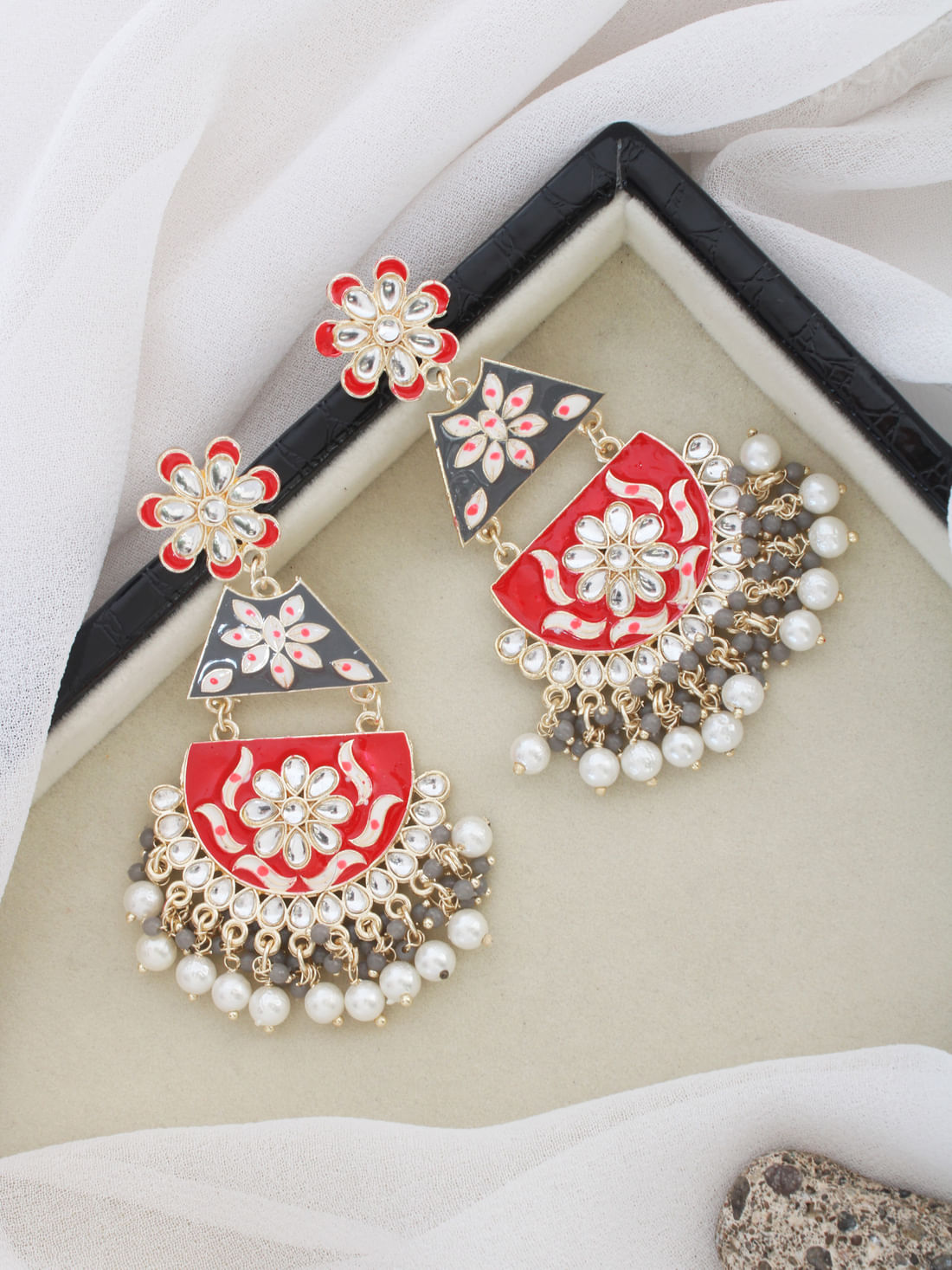 Grey & Red  Color Meenakari Earring