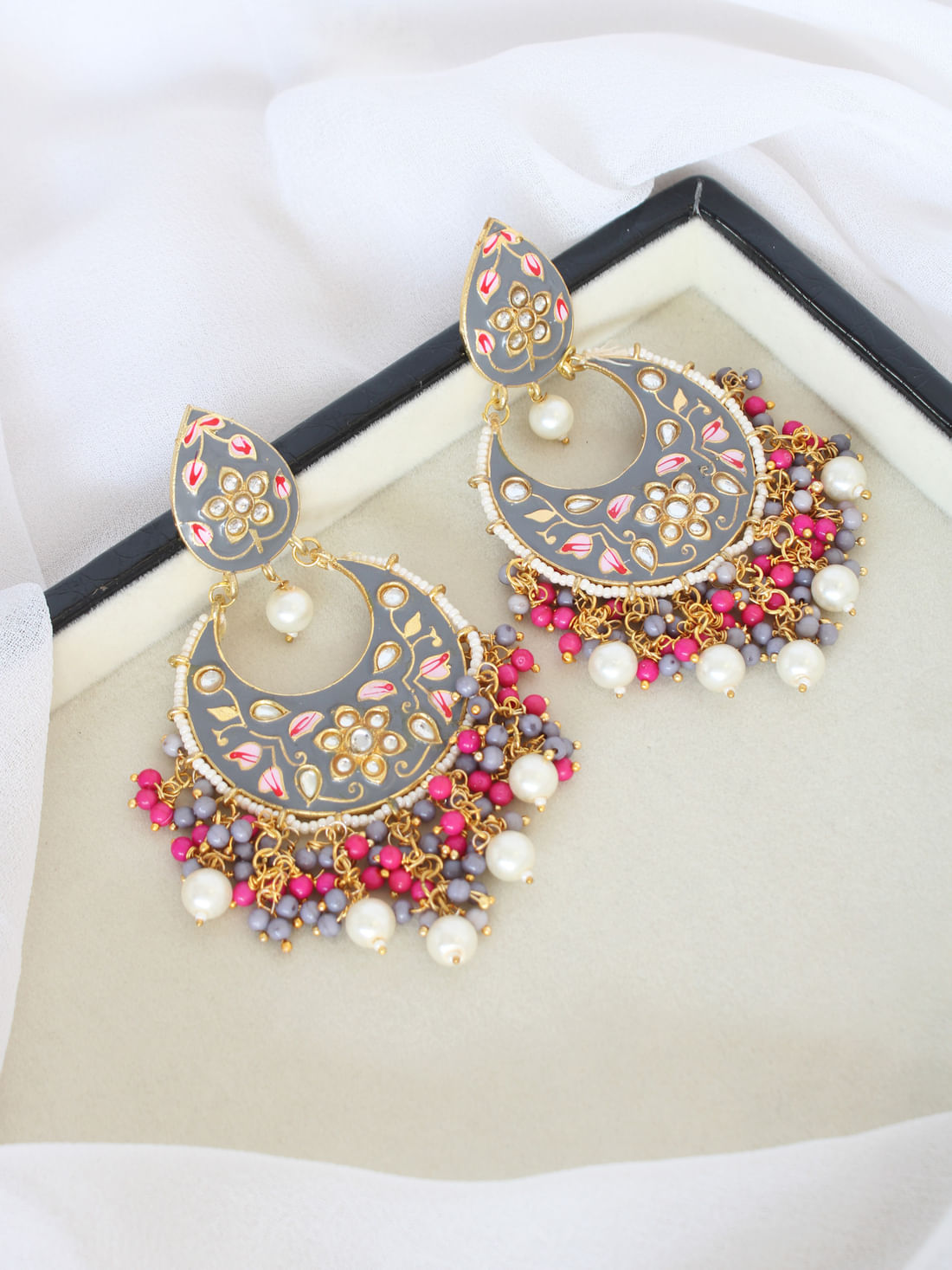 Grey Color Meenakari Earrings