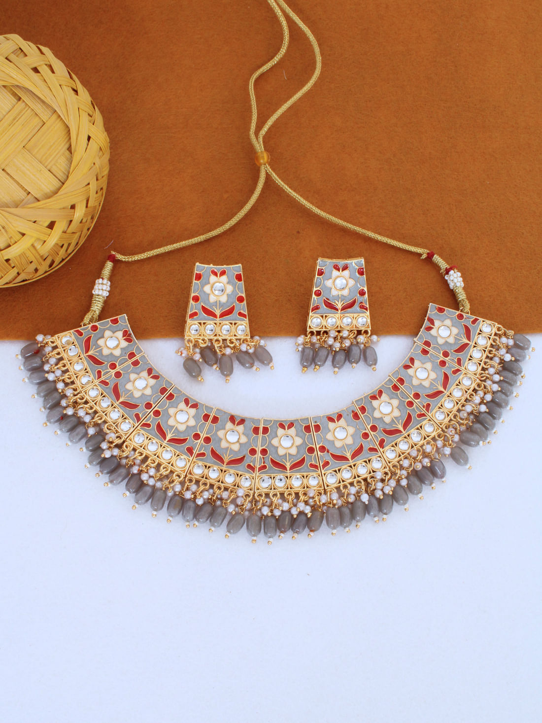 Grey Color Meenakari Necklace Set
