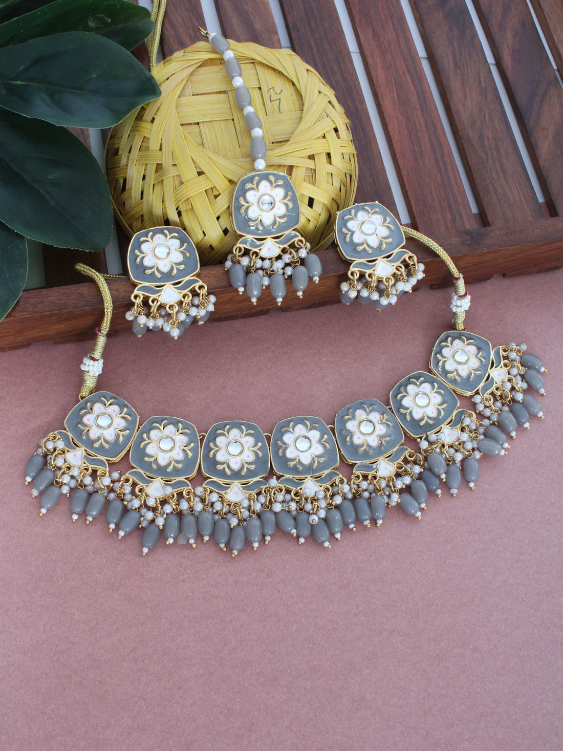 Grey Color Meenakari Necklace Set