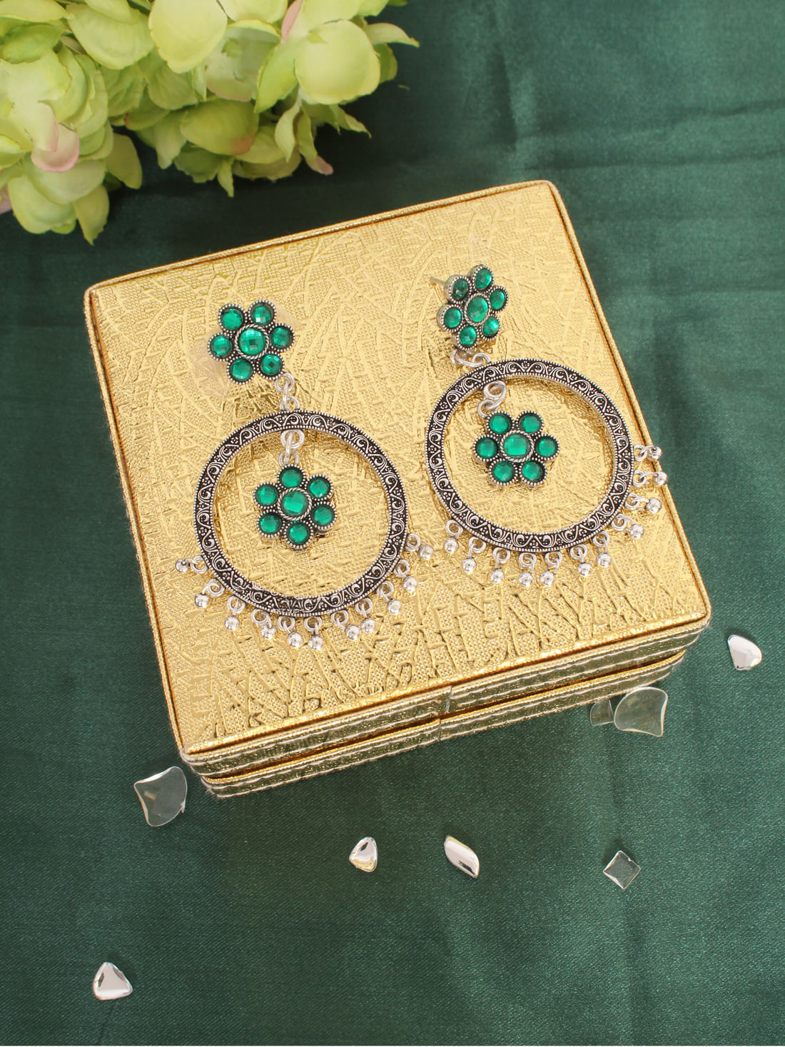 Green Silver Color Oxidised Earring
