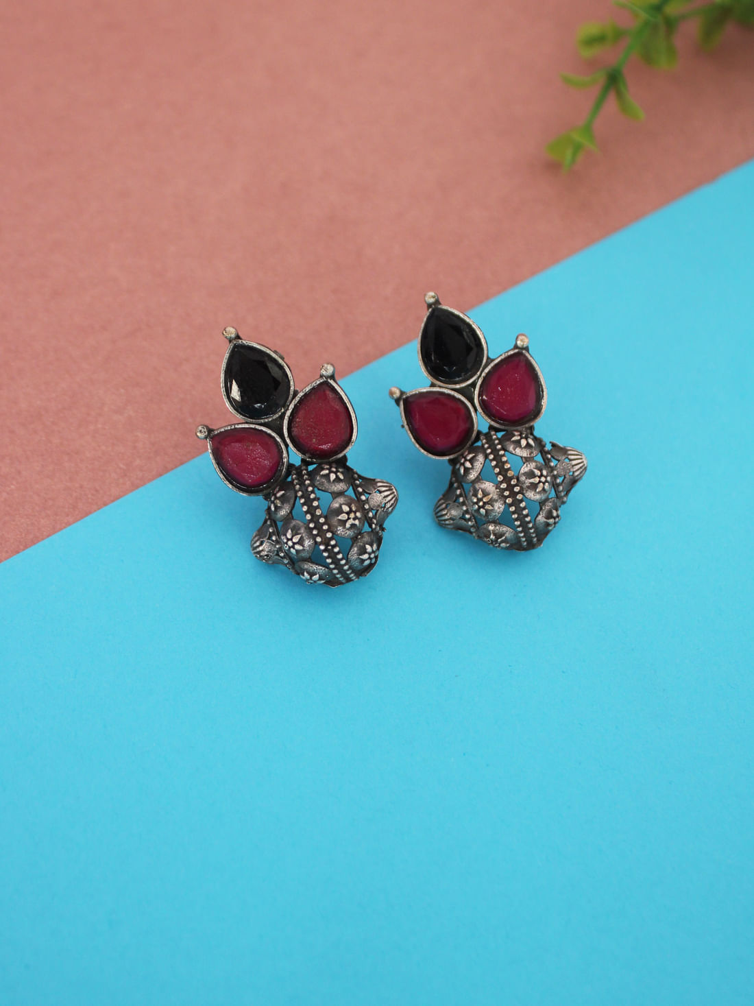 Pink/Black Color Oxidised Earrings