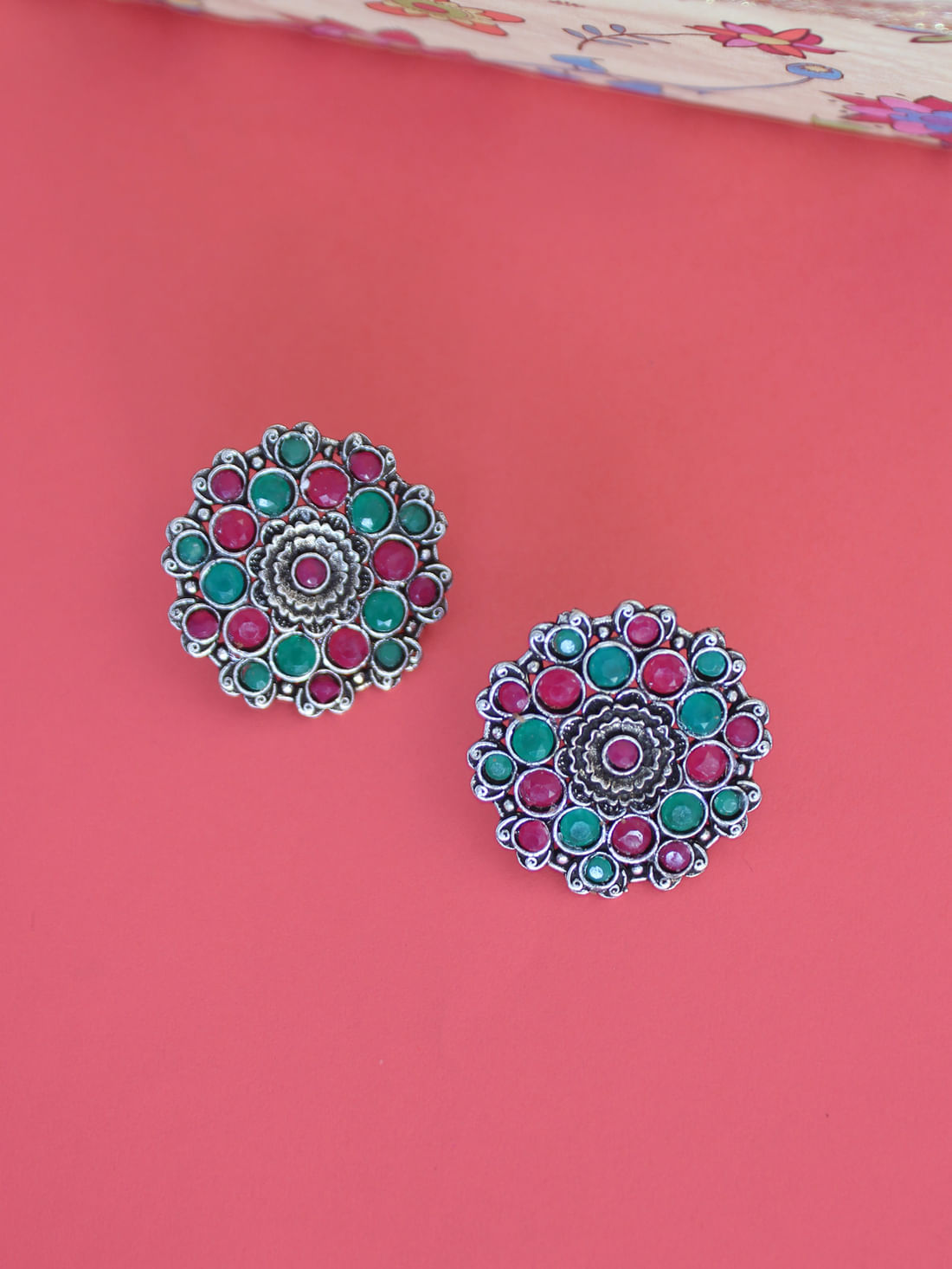 Pink/Green Color Oxidised Earrings