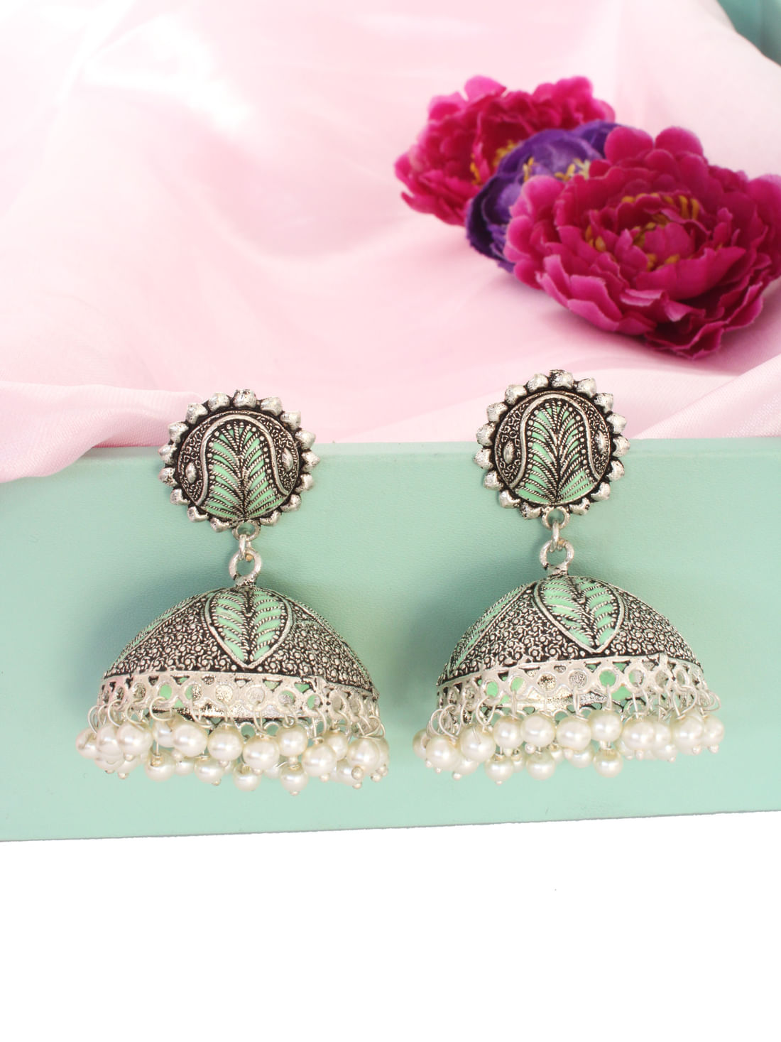 Green Color Meenakari Oxidised Earrings