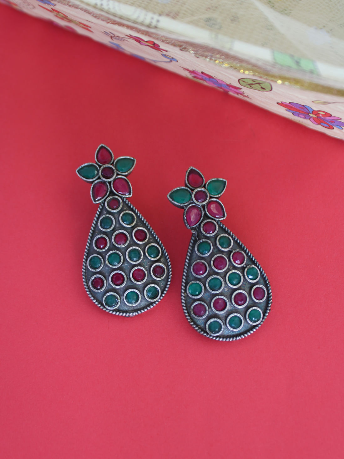Pink/Green Color Oxidised Earrings