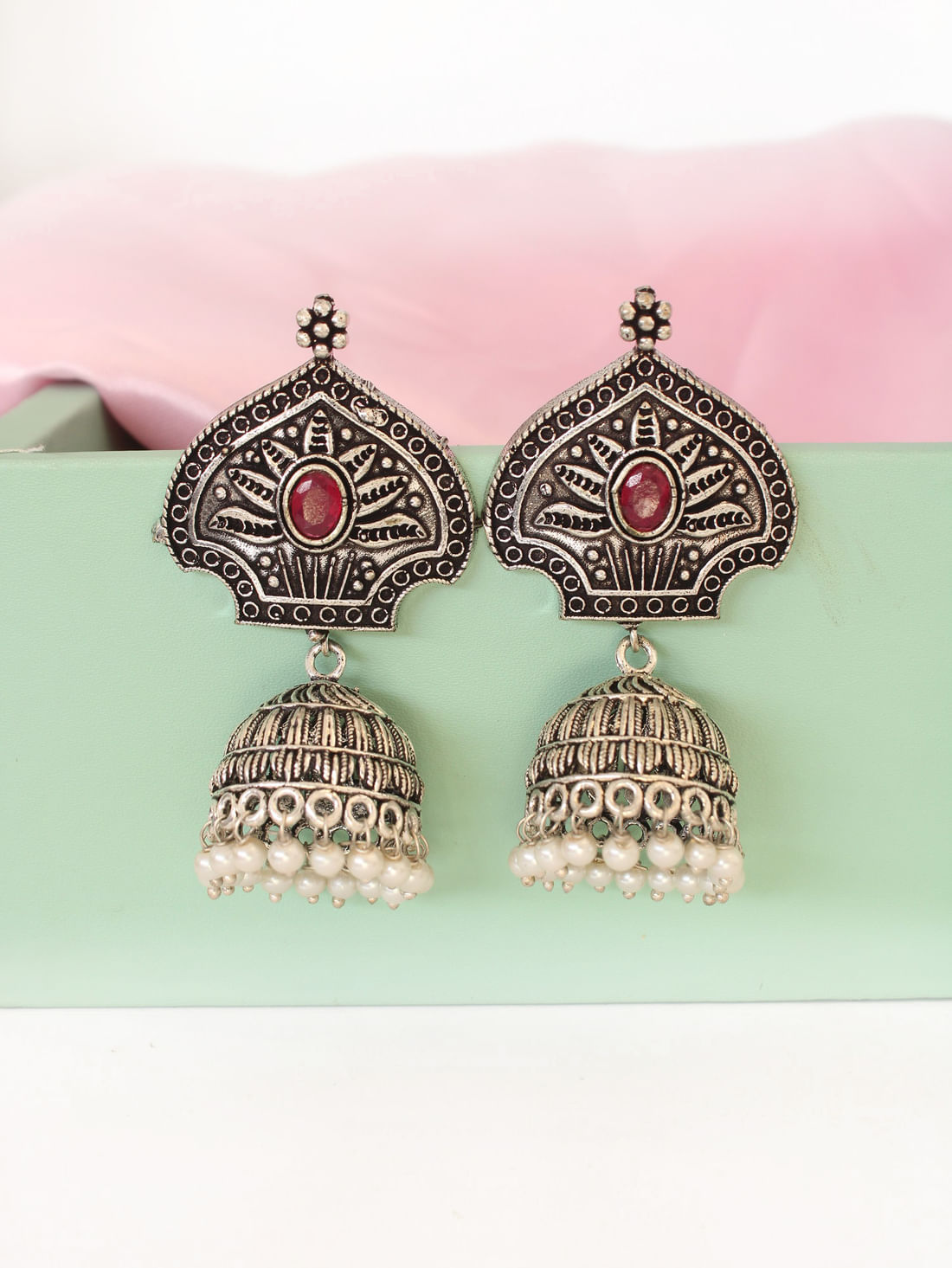 Silver Color Oxidised Jhumka Earrings