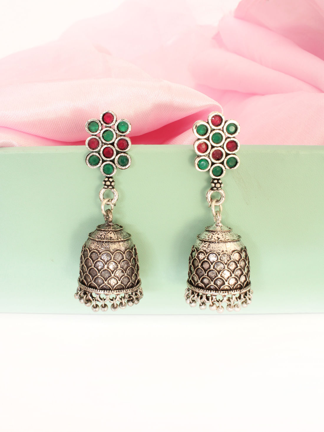 Pink/Green Color Oxidised Jhumka Earrings