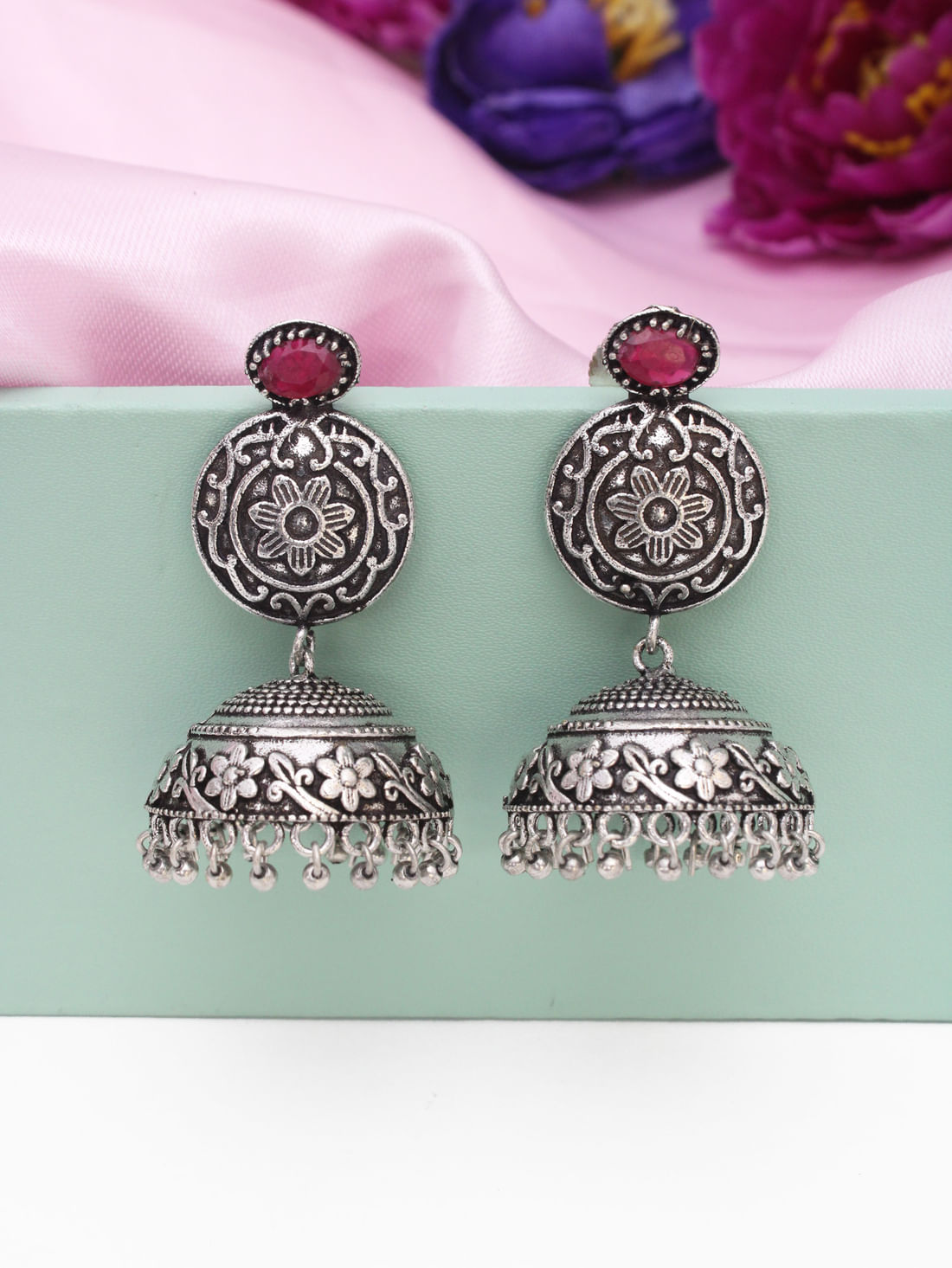 Pink Color Oxidised Earrings