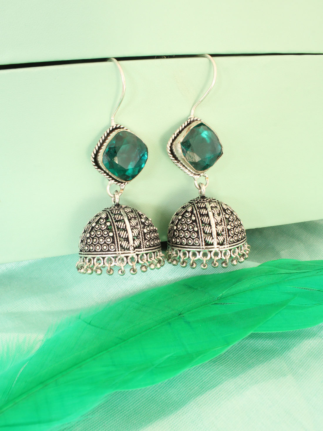 Green Color Oxidised Earrings