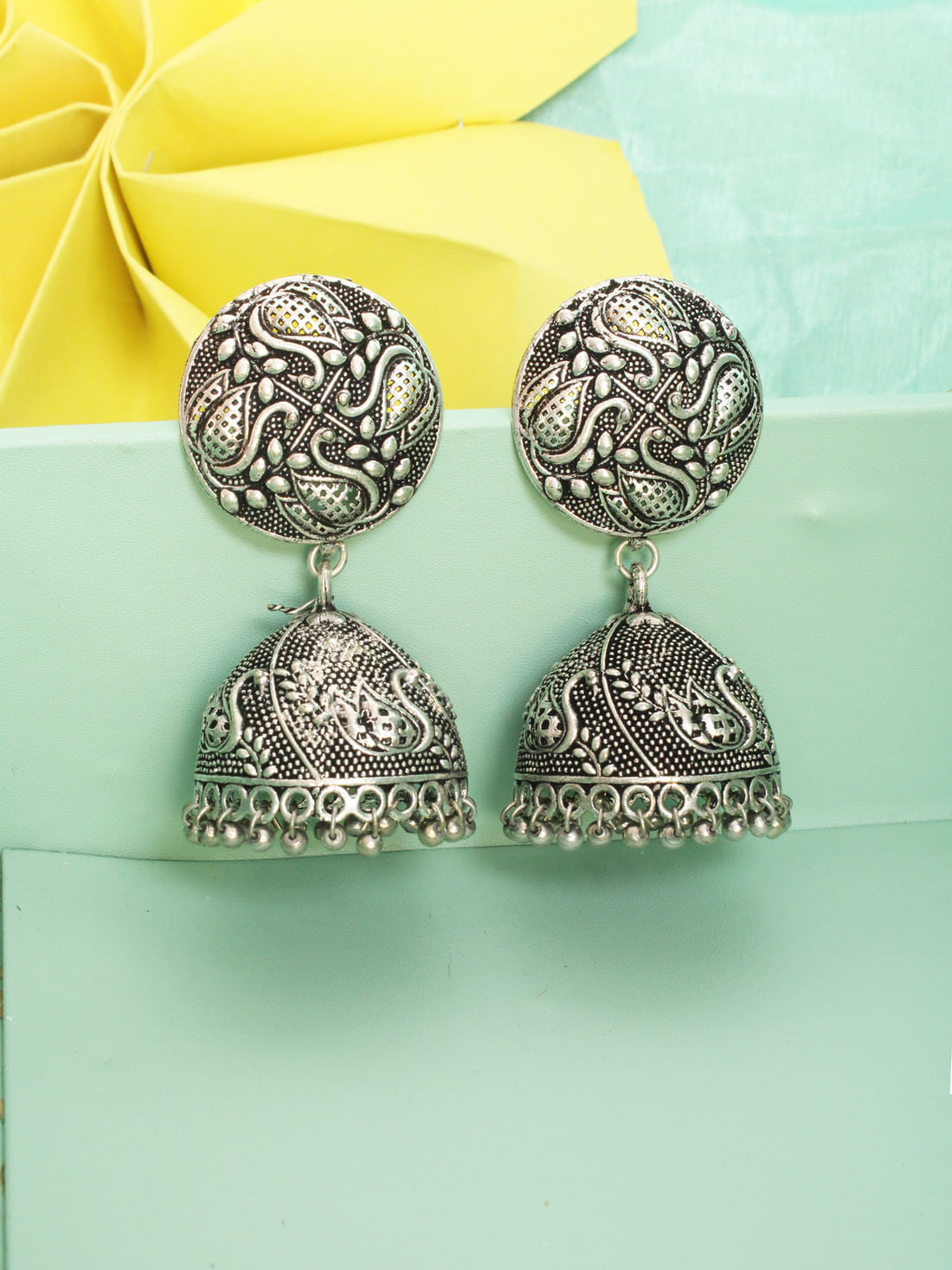 Silver Color Oxidised Jhumka Earrings