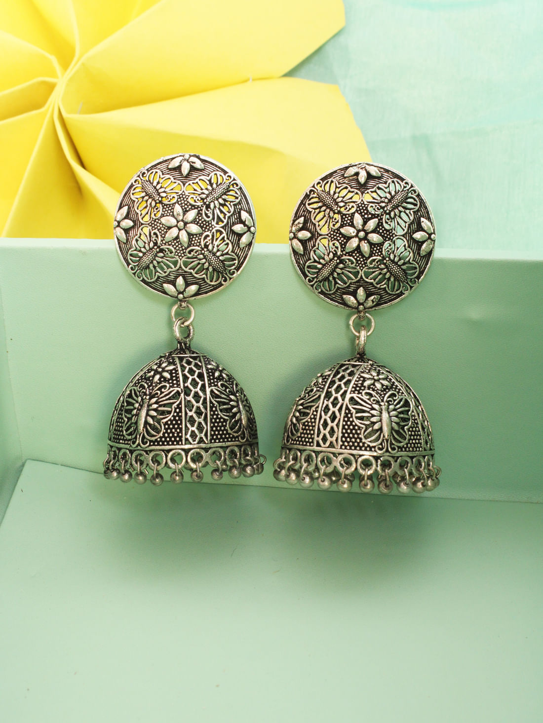 Silver Color Oxidised Jhumka Earrings