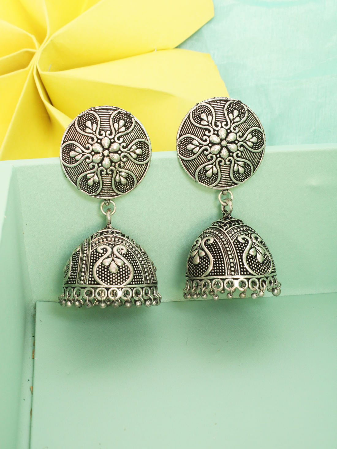 Silver Color Oxidised Jhumka Earrings