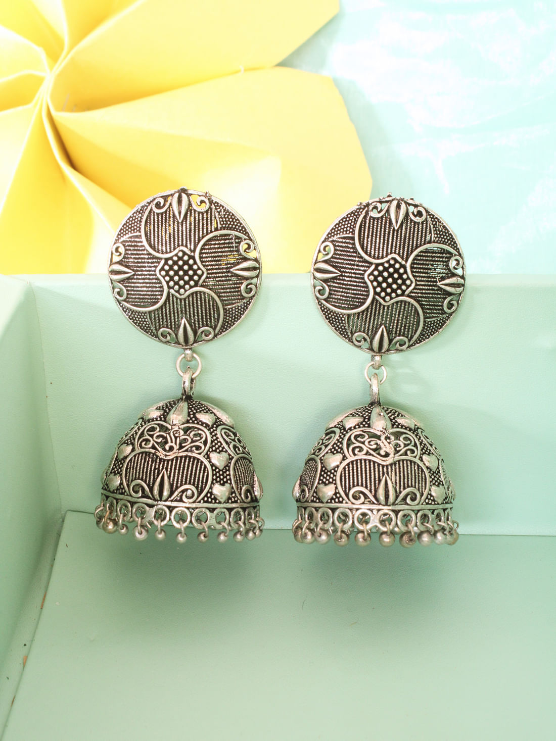 Silver Color Oxidised Jhumka Earrings