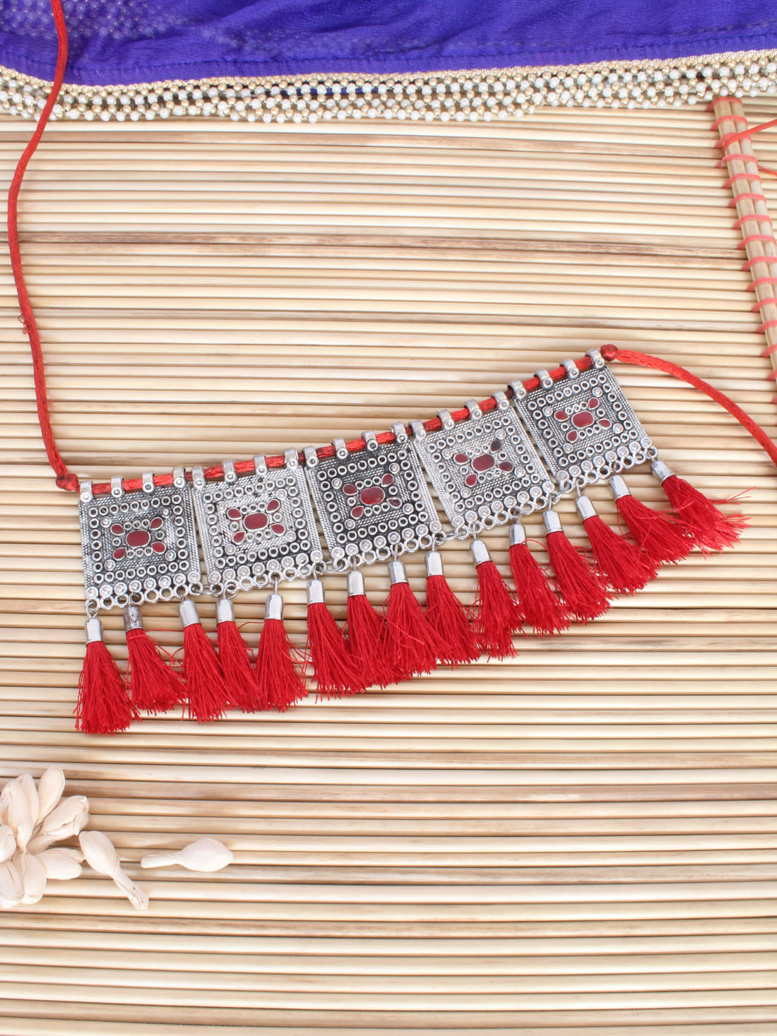 Red Silver Color Oxidised Necklace
