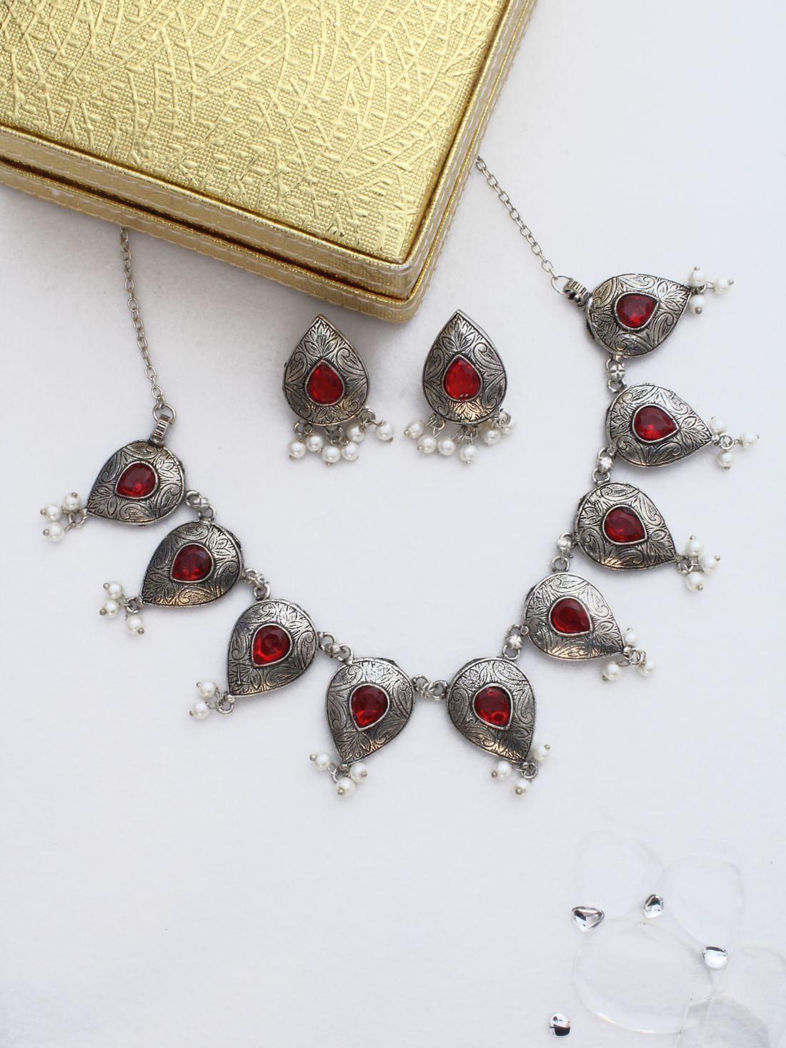Red Color Oxidised Necklace Set