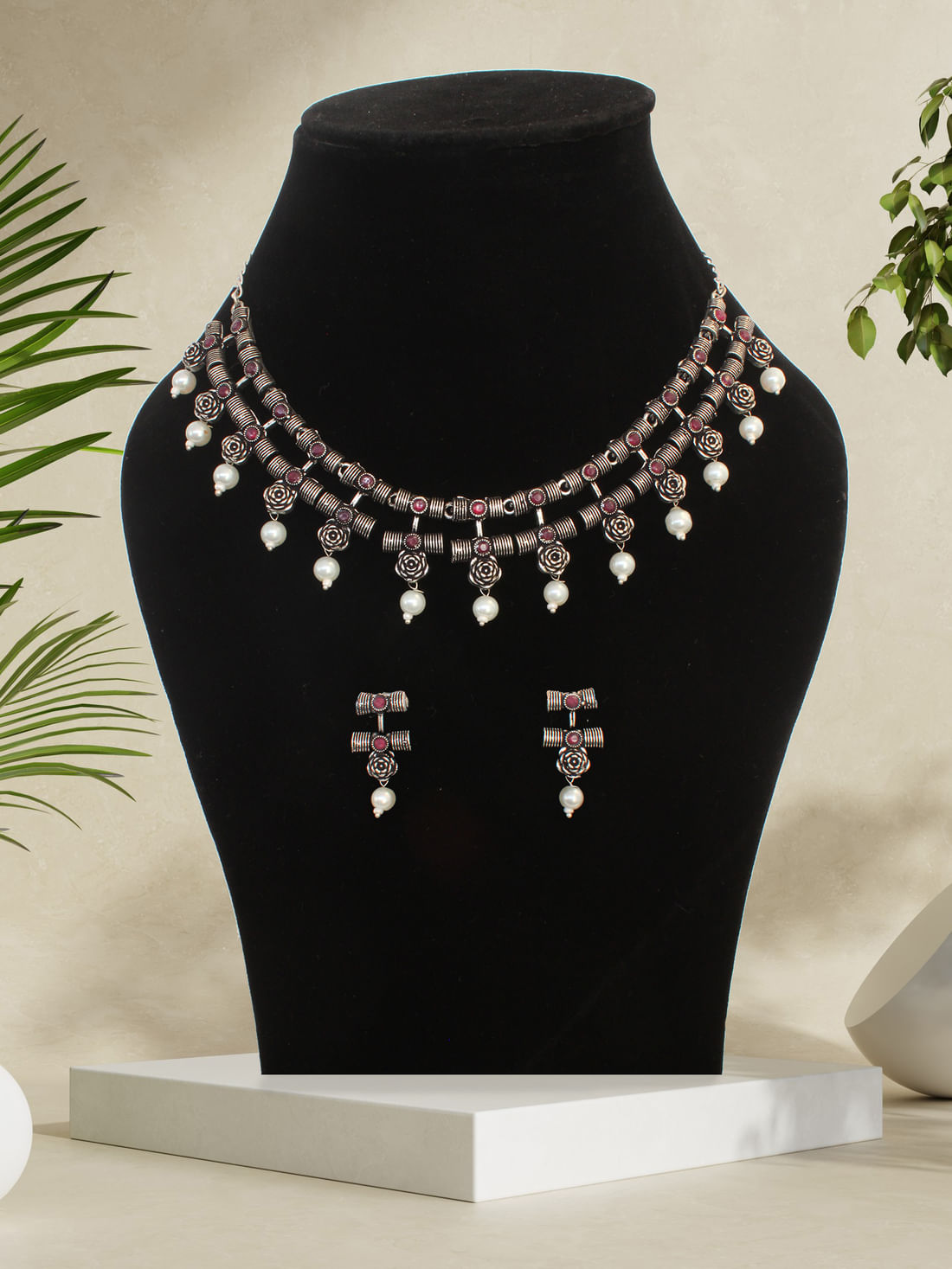 Pink Color Oxidised Necklace