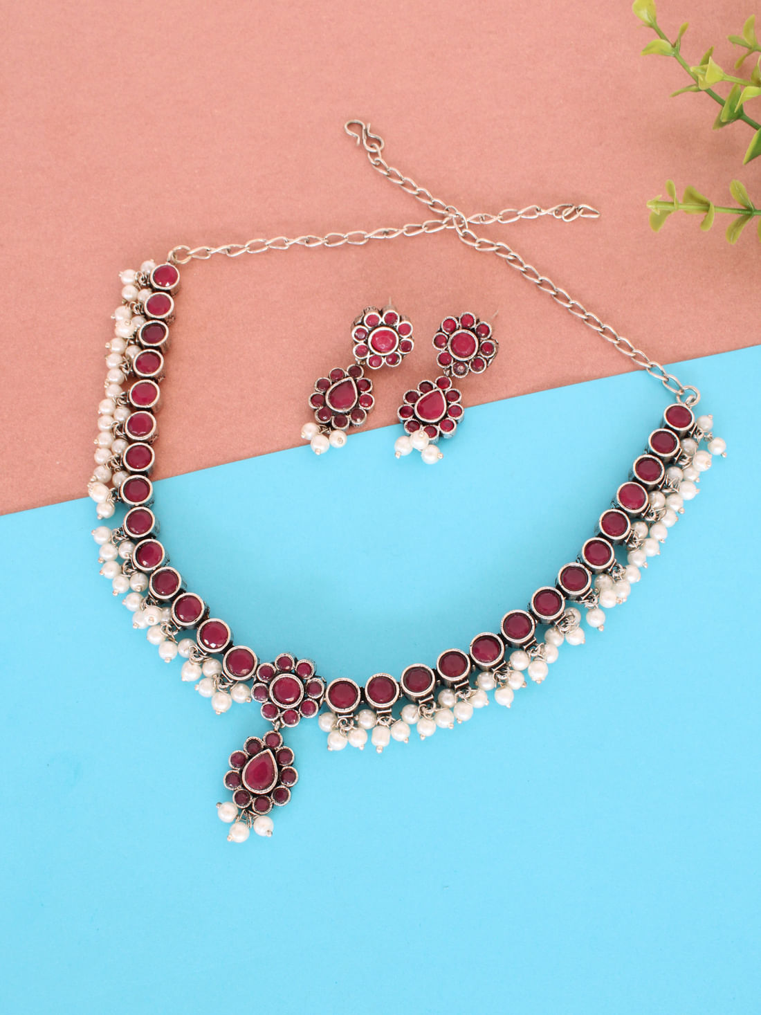 Pink Color Oxidised Necklace