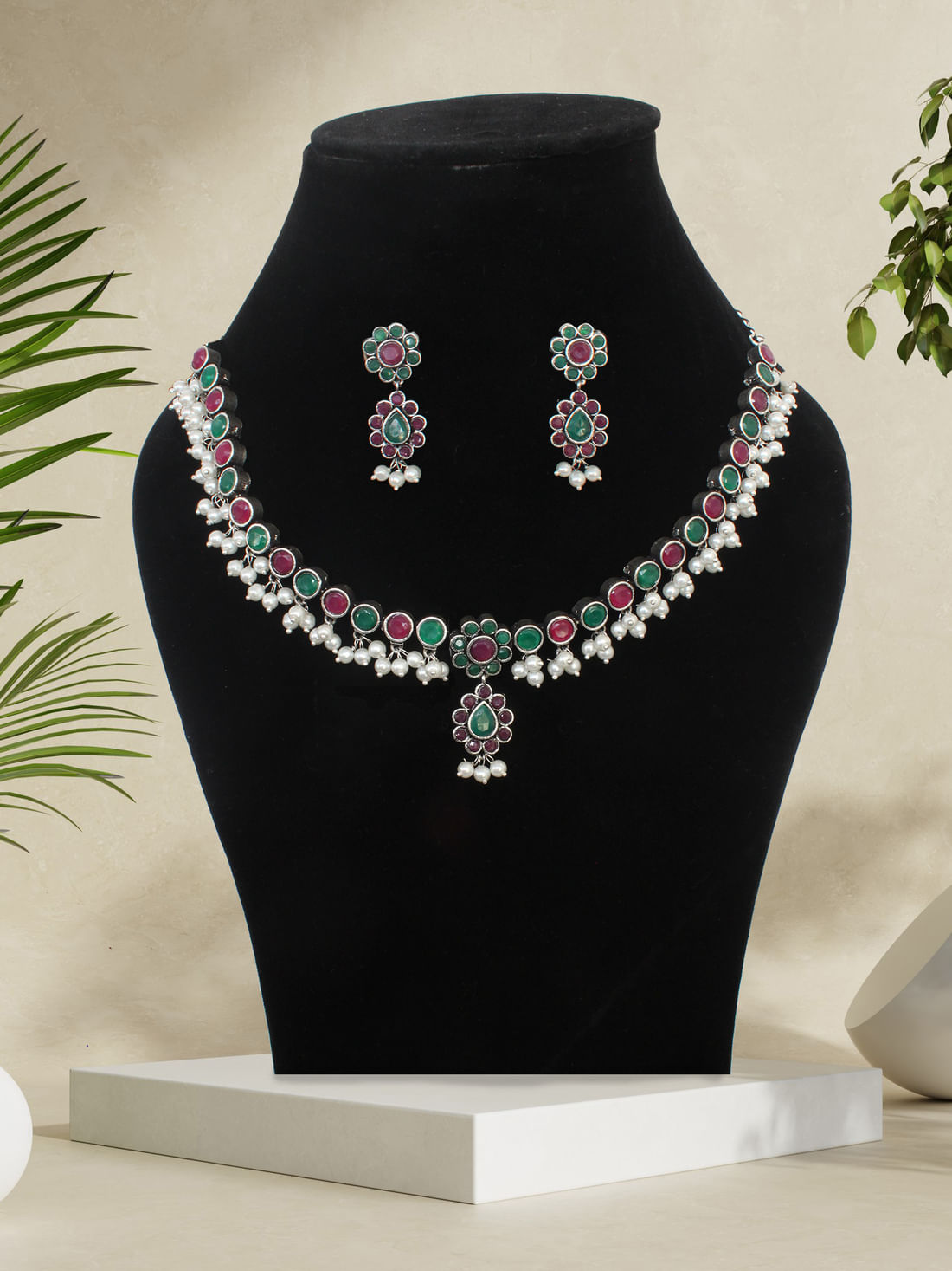 Pink/Green Color Oxidised Necklace