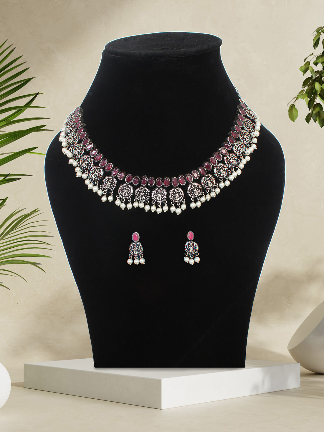 Pink Color Oxidised Necklace