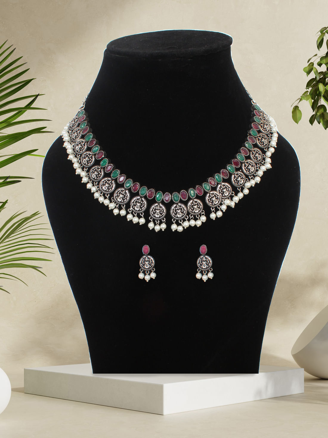Pink/Green Color Oxidised Necklace