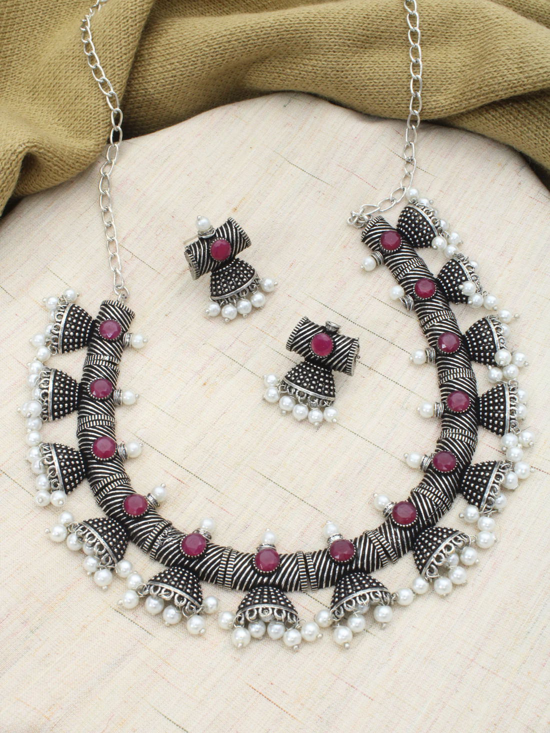 Pink Color Oxidised Necklace