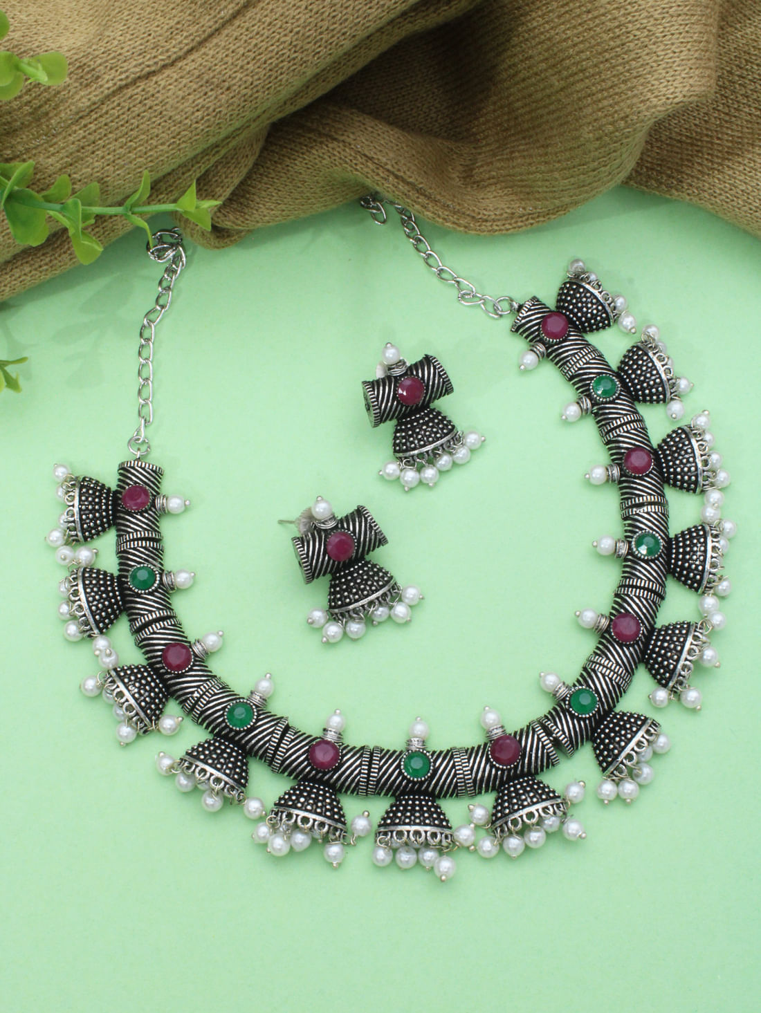 Pink/Green Color Oxidised Necklace